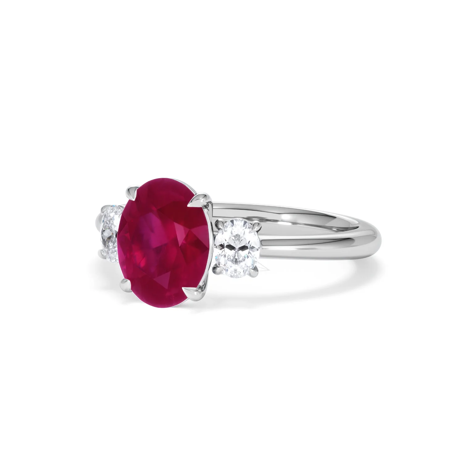 Solene 2.00ct Oval Cut Lab Ruby and Lab Diamond 3 Stone Engagement Ring in 18K White Gold - Image 83