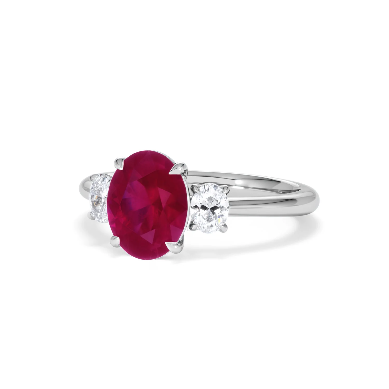 Solene 2.00ct Oval Cut Lab Ruby and Lab Diamond 3 Stone Engagement Ring in 18K White Gold - Image 84