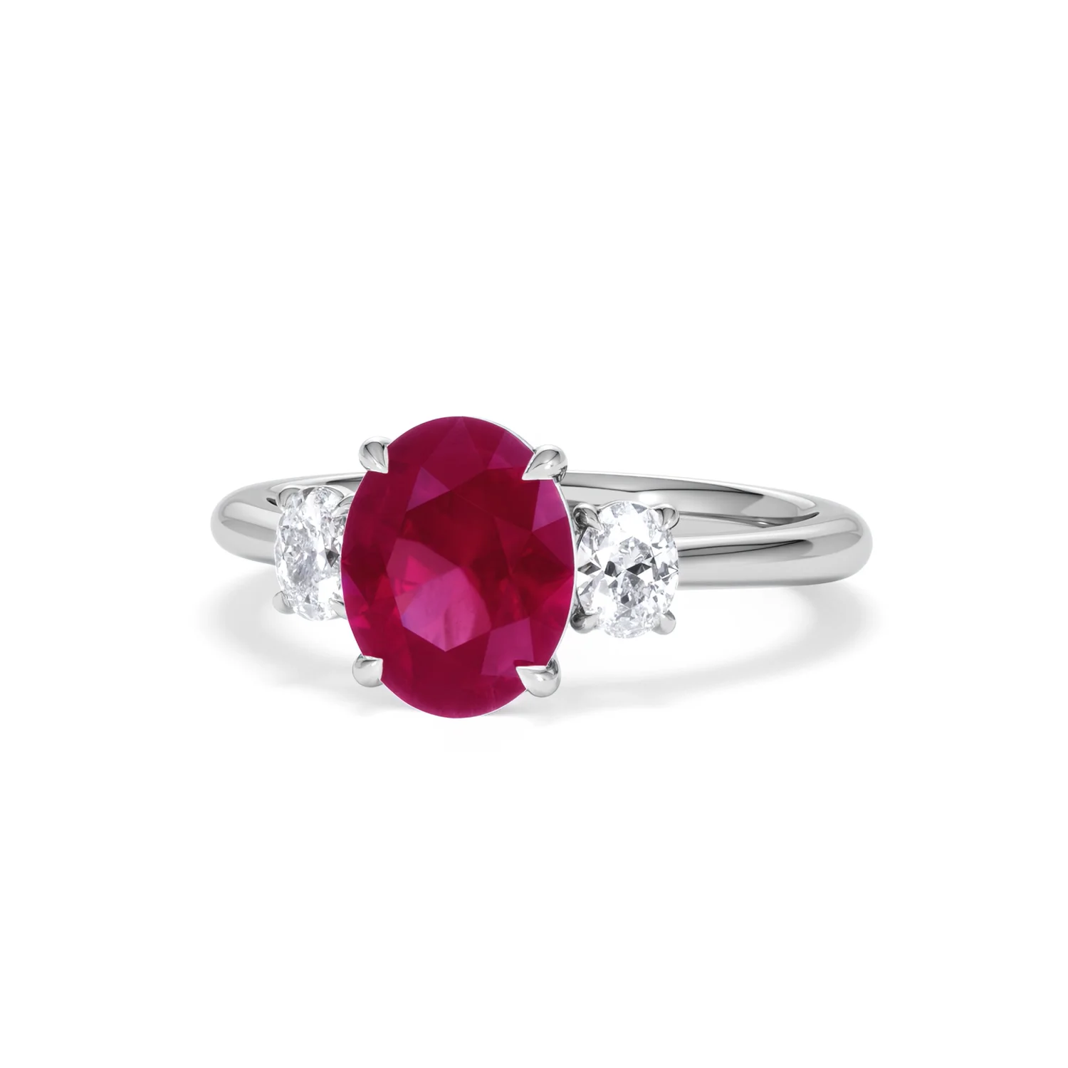 Solene 2.00ct Oval Cut Lab Ruby and Lab Diamond 3 Stone Engagement Ring in 18K White Gold - Image 86