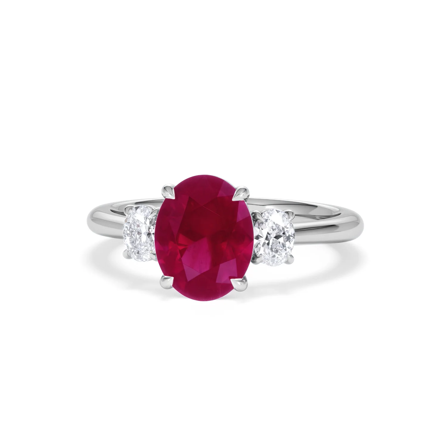 Solene 2.00ct Oval Cut Lab Ruby and Lab Diamond 3 Stone Engagement Ring in 18K White Gold - Image 87