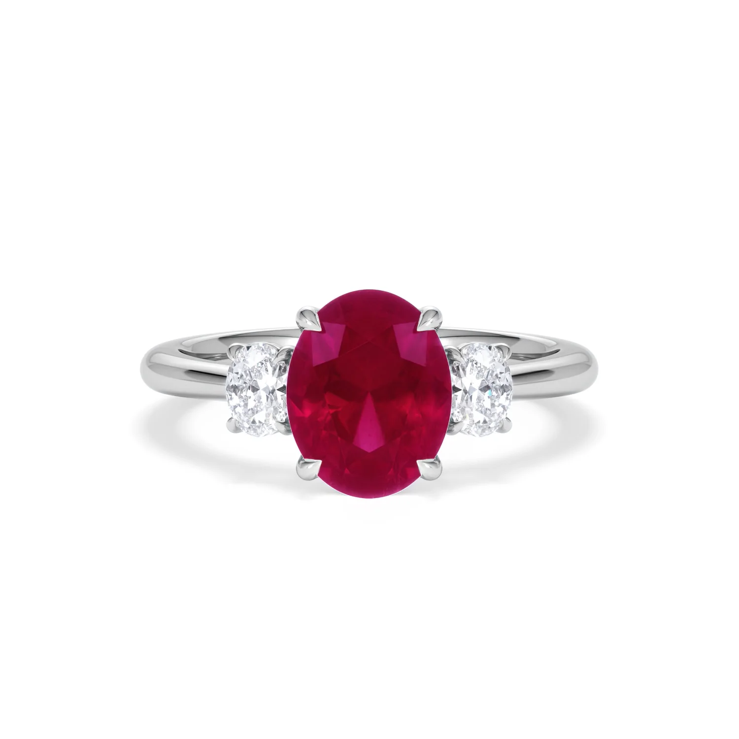 Solene 2.00ct Oval Cut Lab Ruby and Lab Diamond 3 Stone Engagement Ring in 18K White Gold - Image 9