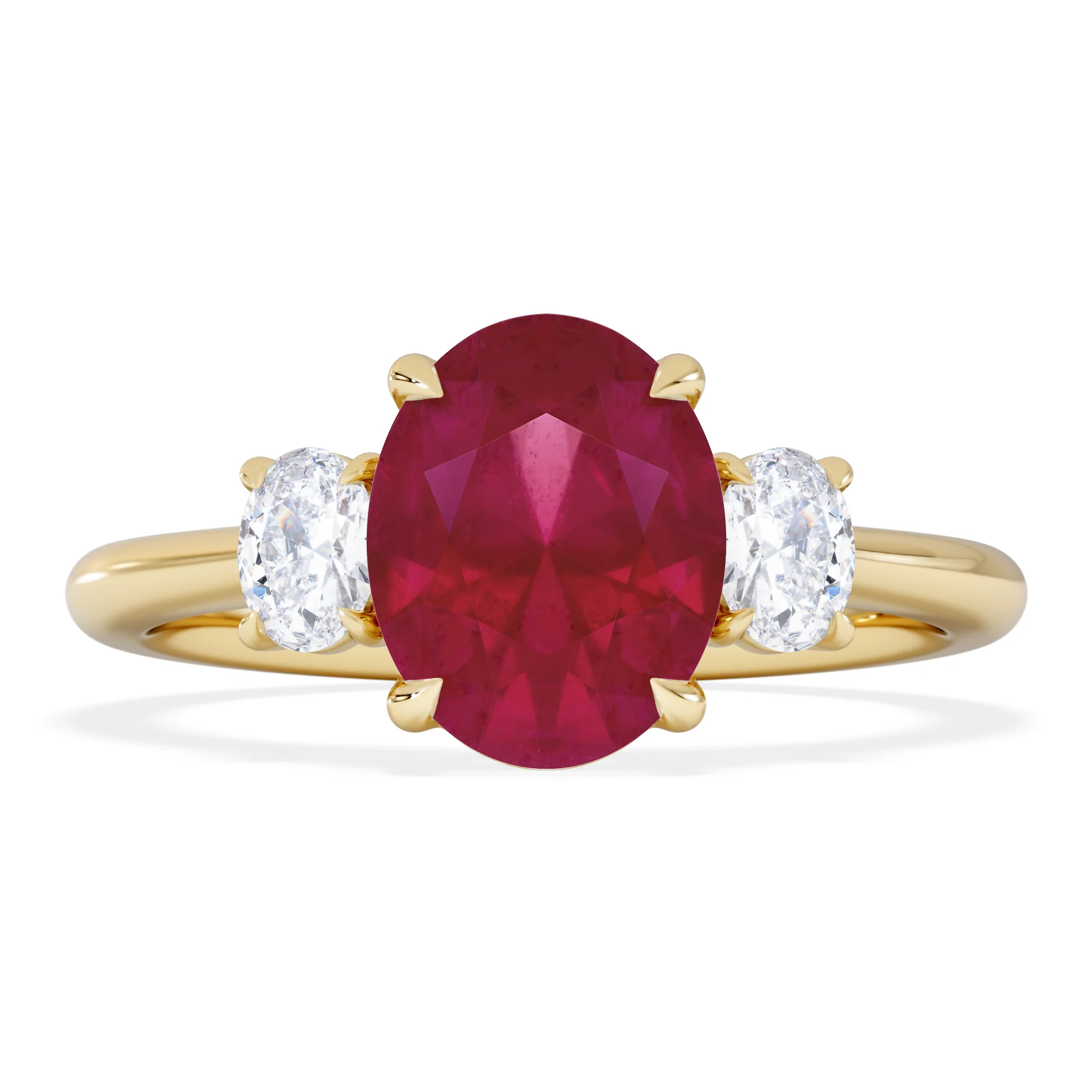 Solene 2.00ct Oval Cut Lab Ruby and Lab Diamond 3 Stone Engagement Ring in 18K Yellow Gold - Image 3
