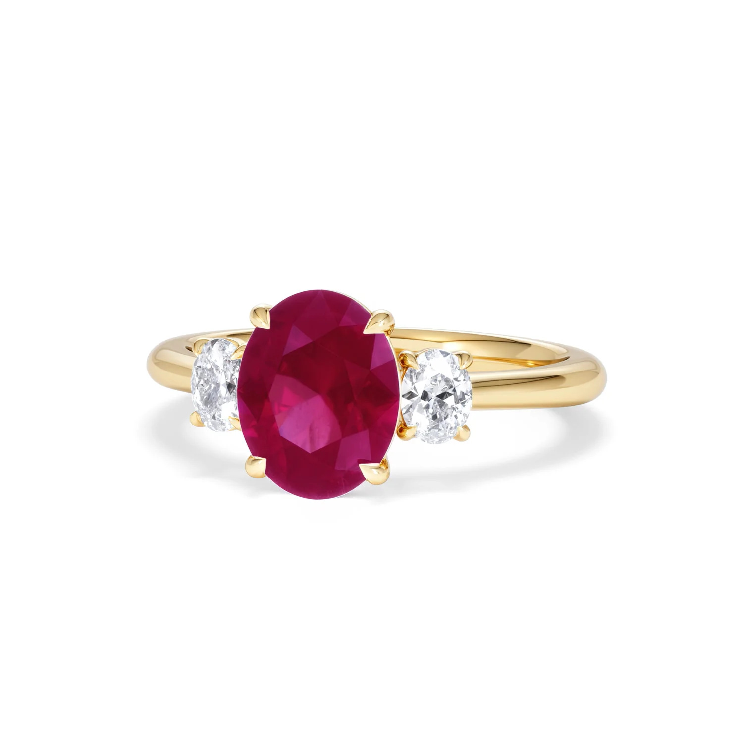 Solene 2.00ct Oval Cut Lab Ruby and Lab Diamond 3 Stone Engagement Ring in 18K Yellow Gold - Image 86
