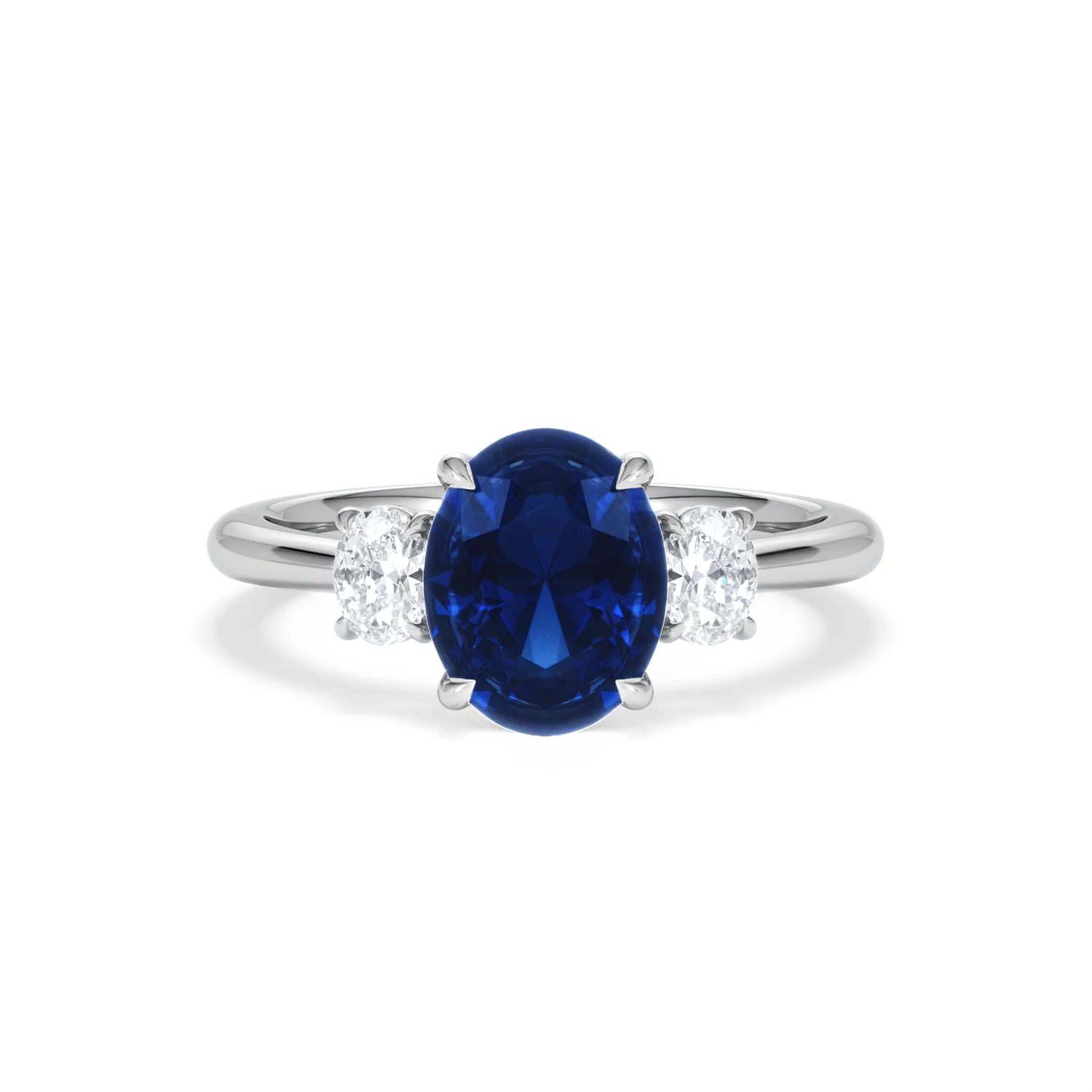 Solene 2.00ct Oval Cut Lab Sapphire and Lab Diamond  3 Stone Engament Ring in 18K White Gold - Image 9