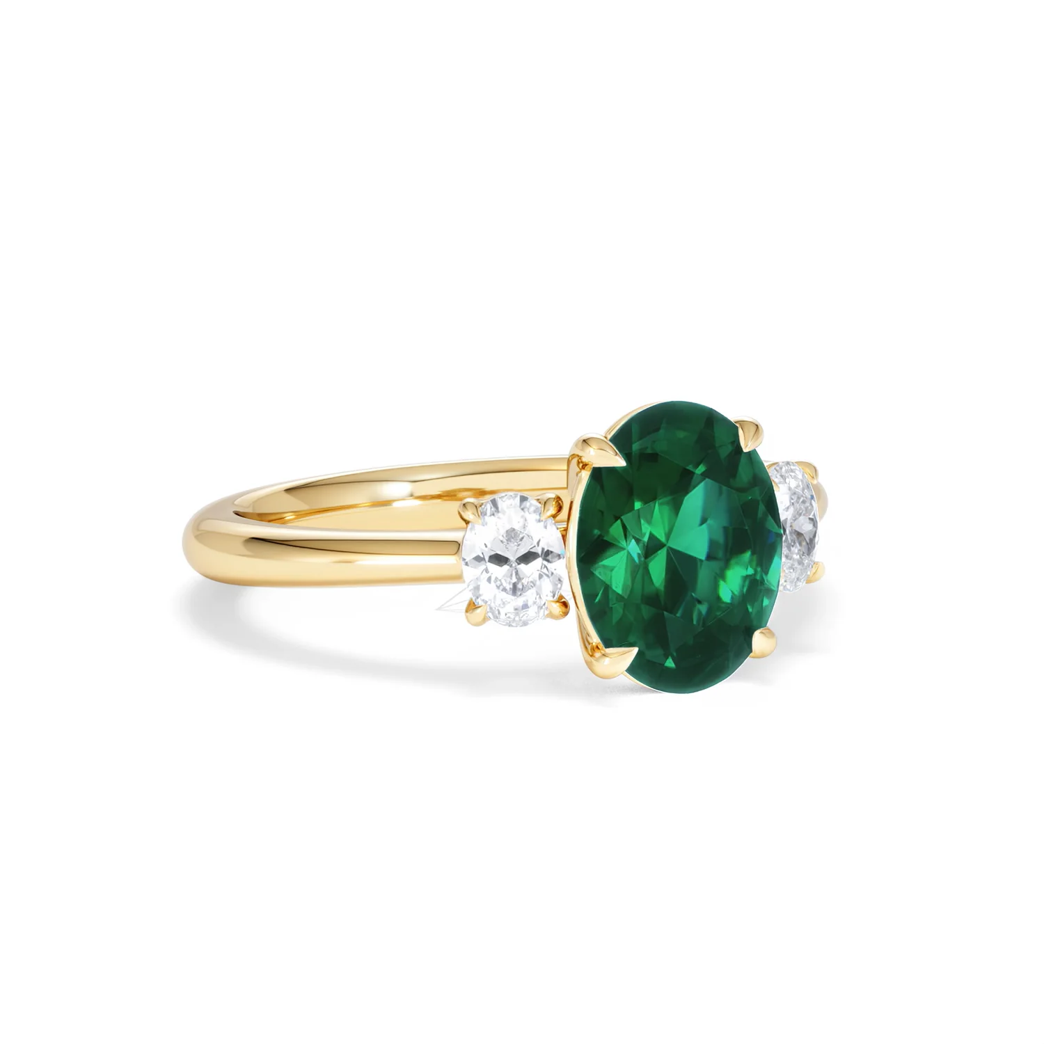 Solene 2.00ct Oval Lab Emerald and Lab Diamond 3 Stone Engagement Ring in 18K Yellow Gold - Image 15