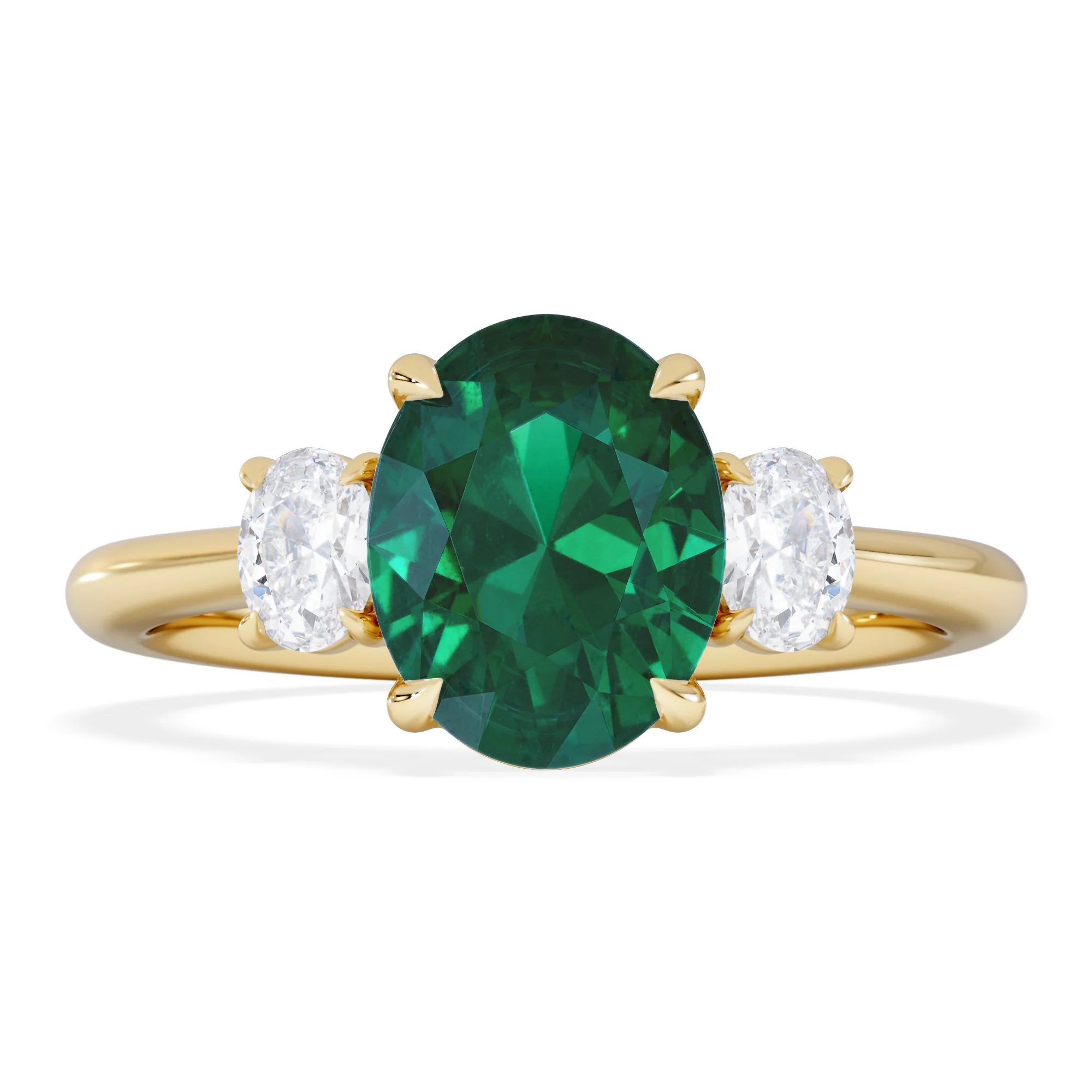 Solene 2.00ct Oval Lab Emerald and Lab Diamond 3 Stone Engagement Ring in 18K Yellow Gold - Image 3