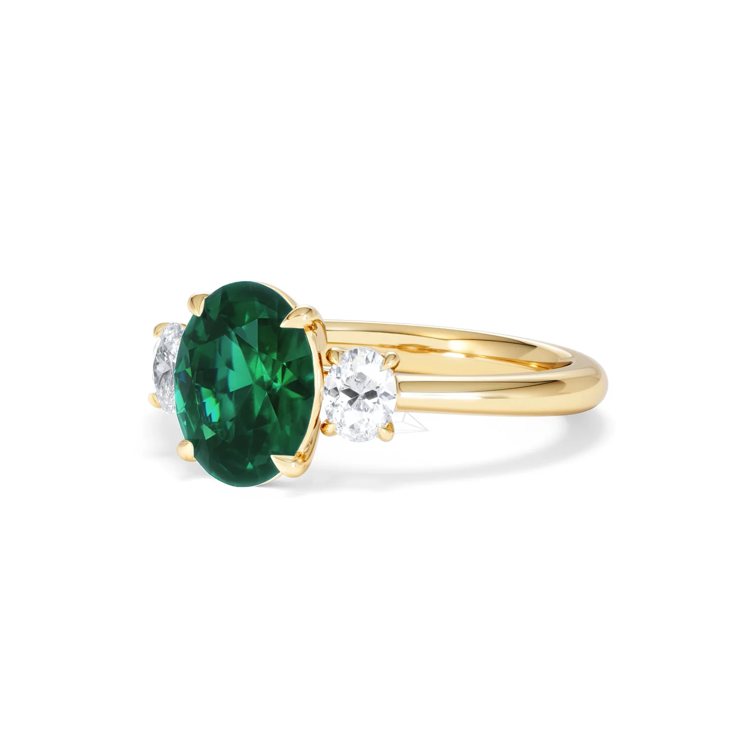 Solene 2.00ct Oval Lab Emerald and Lab Diamond 3 Stone Engagement Ring in 18K Yellow Gold - Image 82