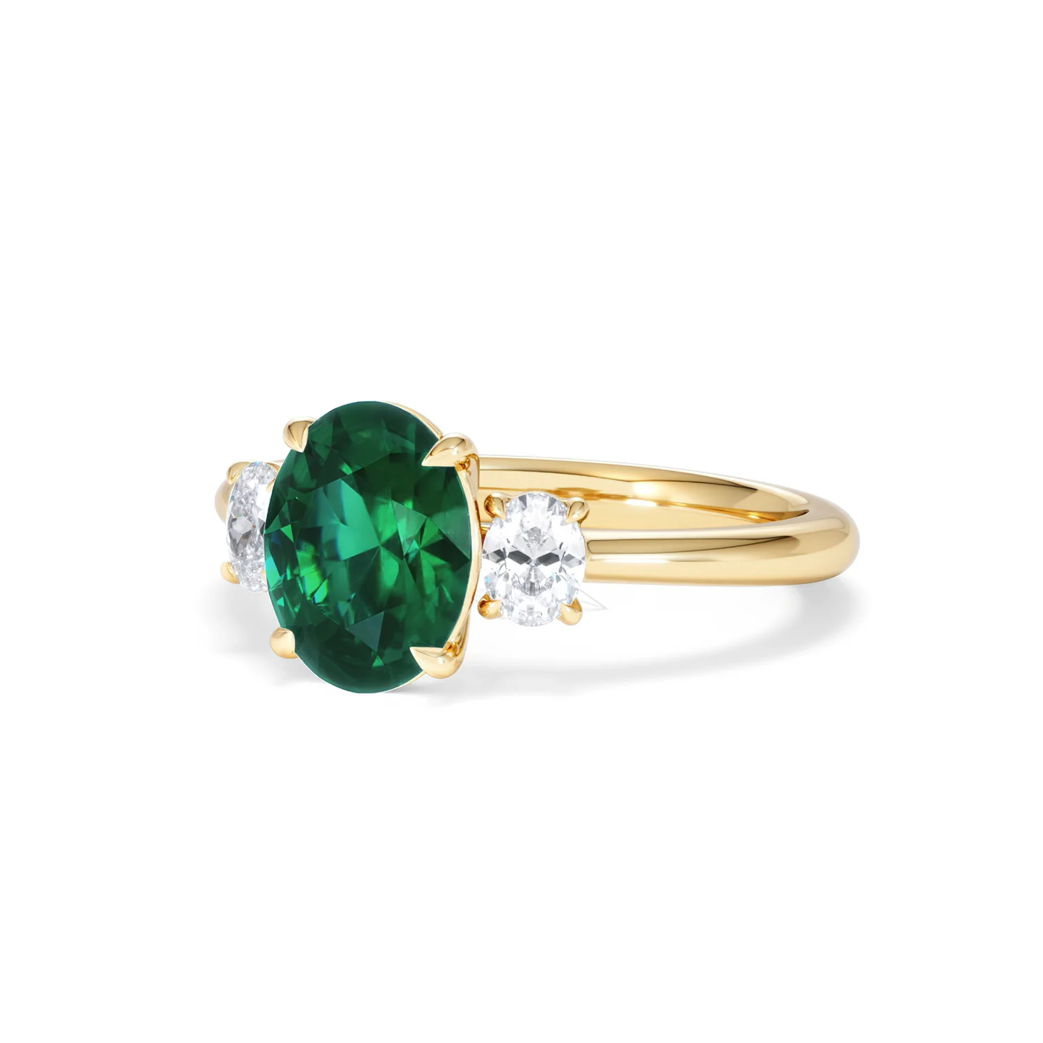 Solene 2.00ct Oval Lab Emerald and Lab Diamond 3 Stone Engagement Ring in 18K Yellow Gold - Image 83