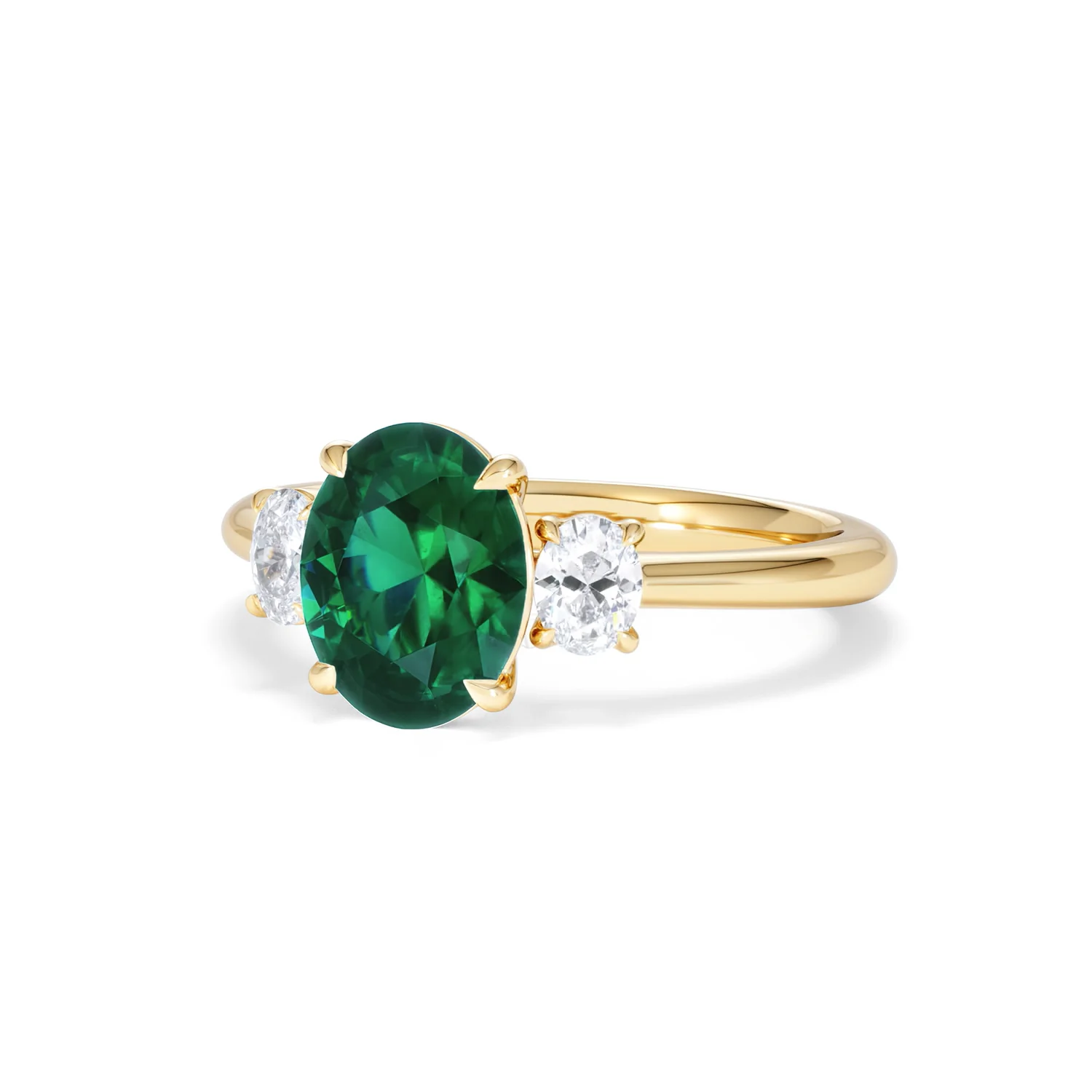 Solene 2.00ct Oval Lab Emerald and Lab Diamond 3 Stone Engagement Ring in 18K Yellow Gold - Image 84