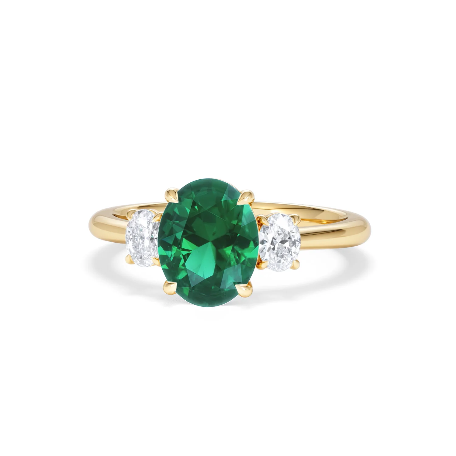 Solene 2.00ct Oval Lab Emerald and Lab Diamond 3 Stone Engagement Ring in 18K Yellow Gold - Image 87