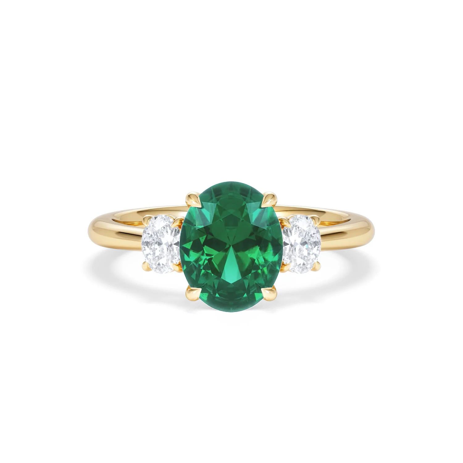 Solene 2.00ct Oval Lab Emerald and Lab Diamond 3 Stone Engagement Ring in 18K Yellow Gold - Image 9