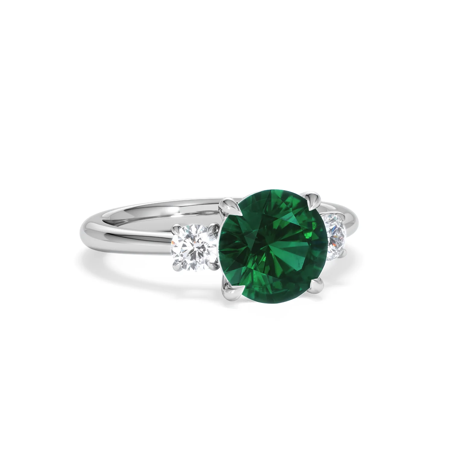 Solene 2.00ct Round Cut Lab Emerald and Lab Diamond 3 Stone Engagement Ring in 18K White Gold - Image 13