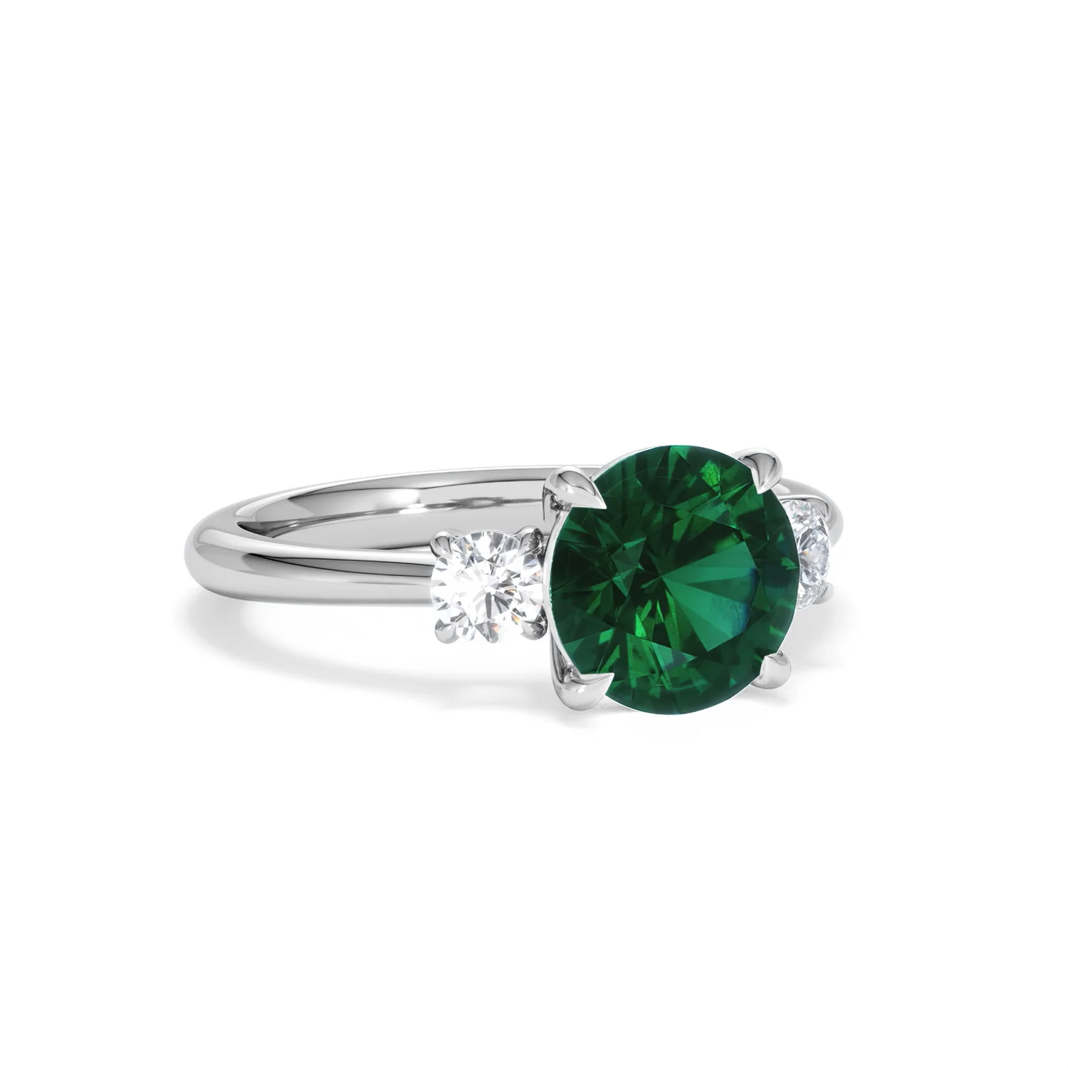 Solene 2.00ct Round Cut Lab Emerald and Lab Diamond 3 Stone Engagement Ring in 18K White Gold - Image 14