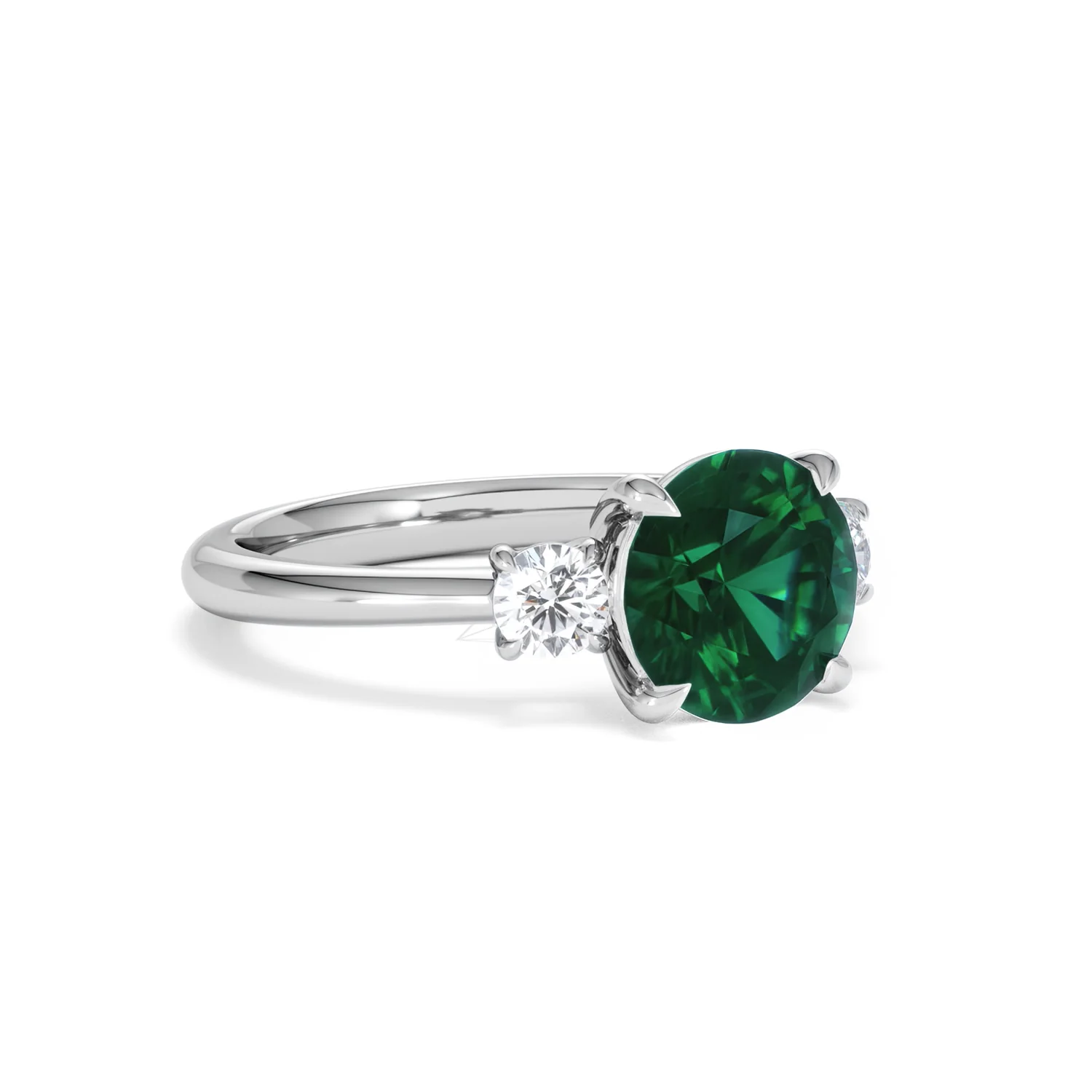 Solene 2.00ct Round Cut Lab Emerald and Lab Diamond 3 Stone Engagement Ring in 18K White Gold - Image 16