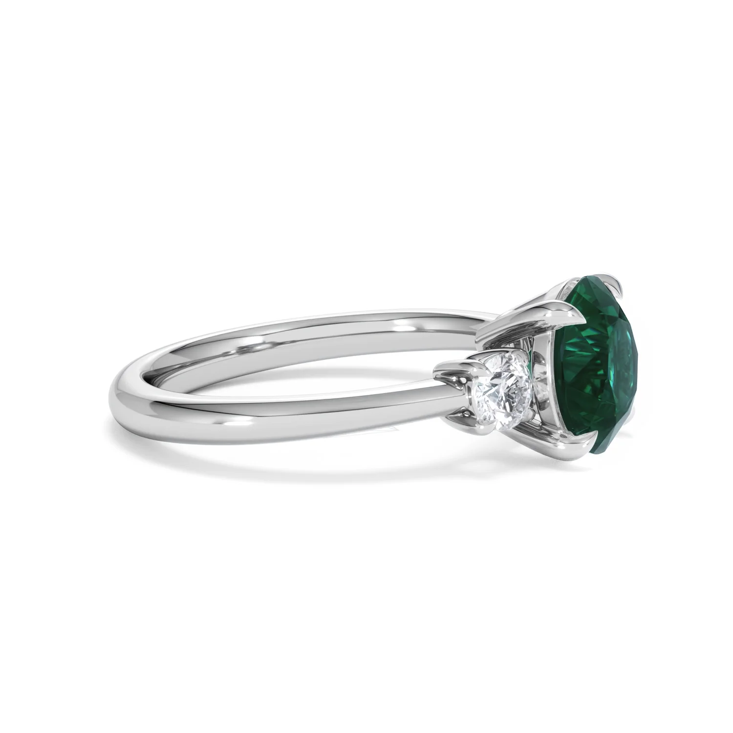 Solene 2.00ct Round Cut Lab Emerald and Lab Diamond 3 Stone Engagement Ring in 18K White Gold - Image 24