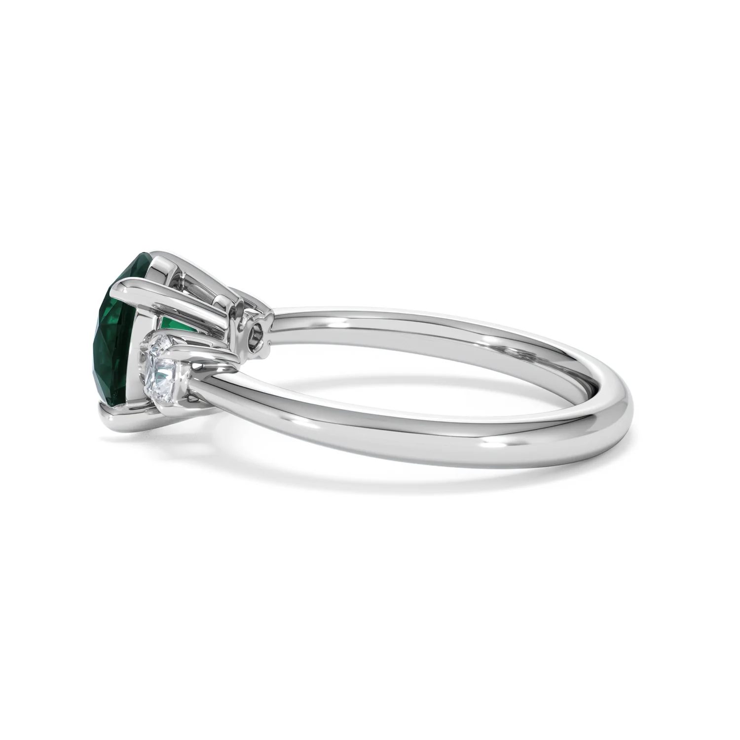 Solene 2.00ct Round Cut Lab Emerald and Lab Diamond 3 Stone Engagement Ring in 18K White Gold - Image 67