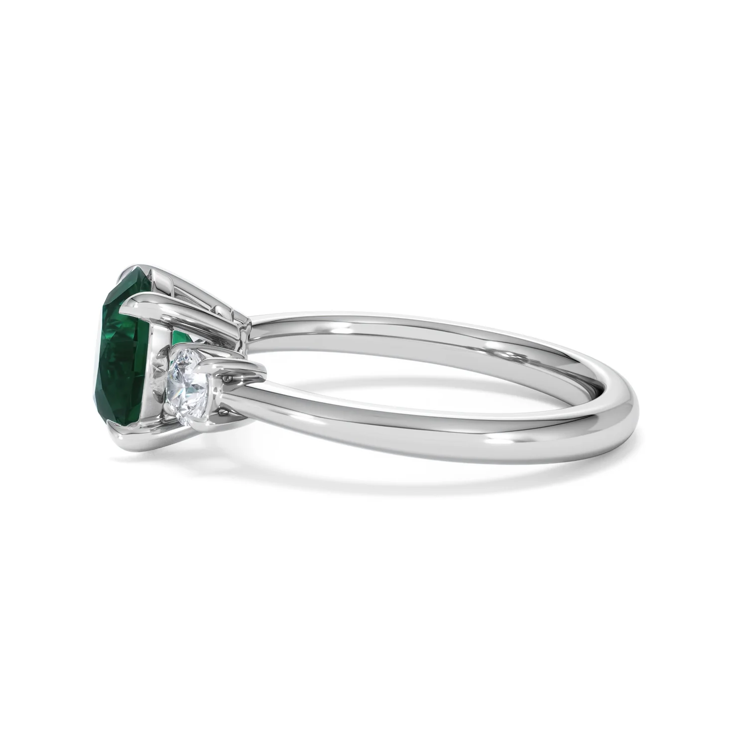 Solene 2.00ct Round Cut Lab Emerald and Lab Diamond 3 Stone Engagement Ring in 18K White Gold - Image 70