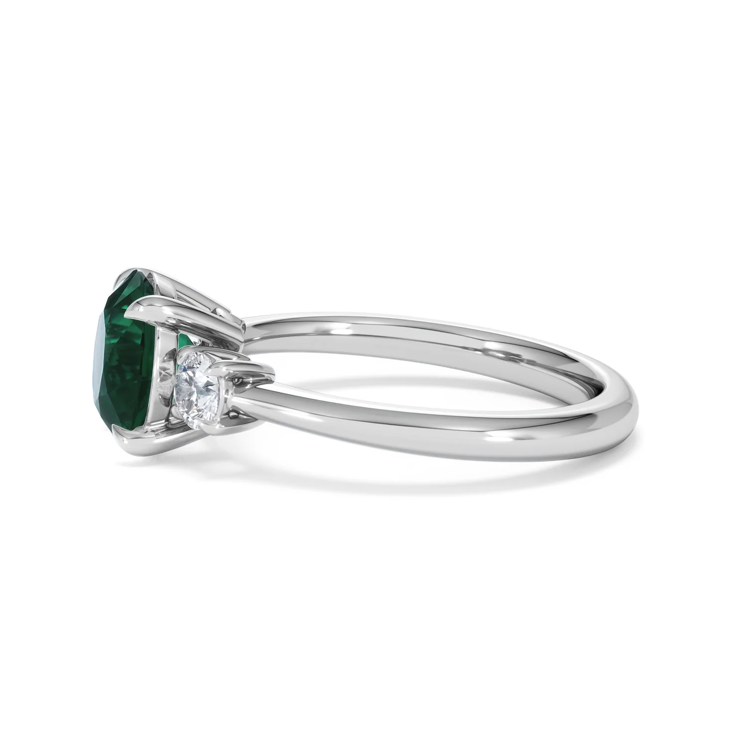 Solene 2.00ct Round Cut Lab Emerald and Lab Diamond 3 Stone Engagement Ring in 18K White Gold - Image 71