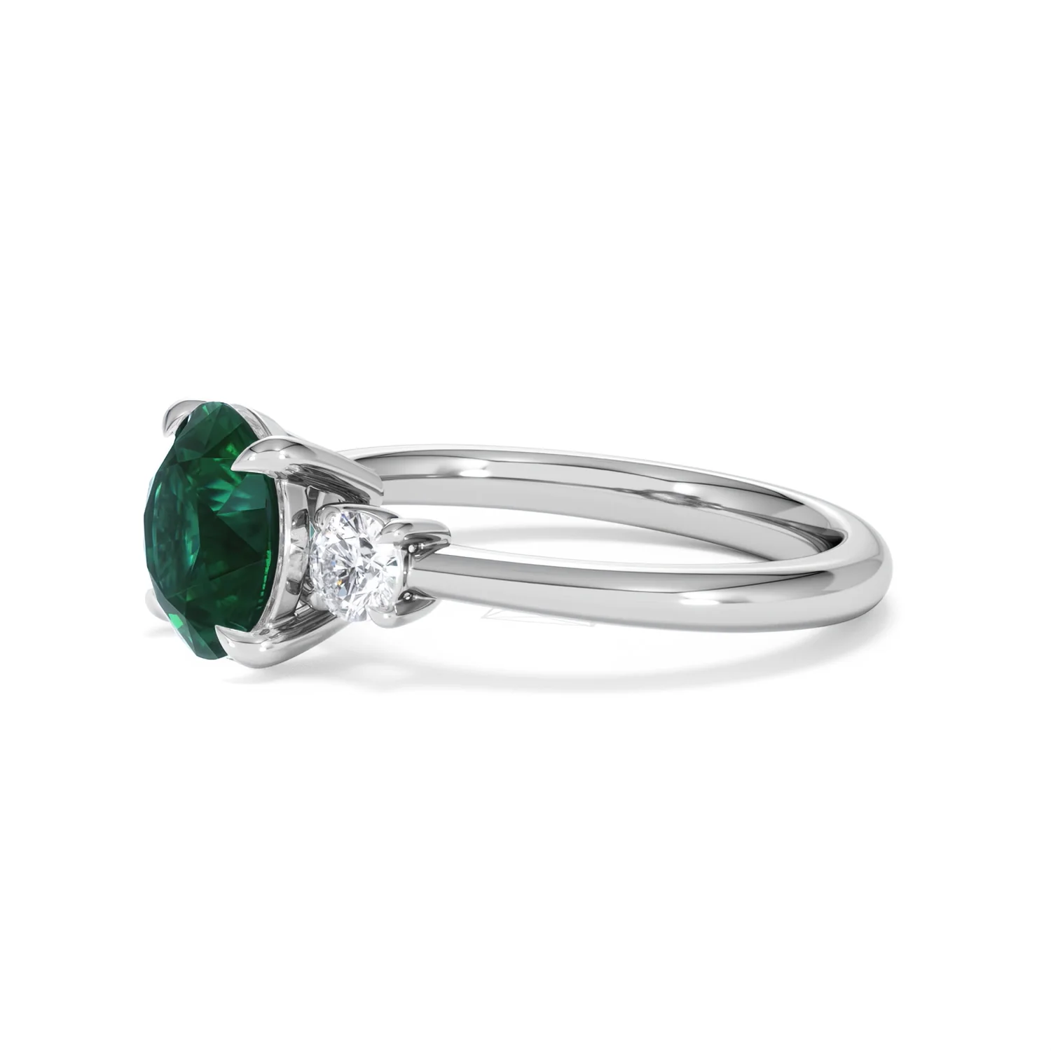 Solene 2.00ct Round Cut Lab Emerald and Lab Diamond 3 Stone Engagement Ring in 18K White Gold - Image 75