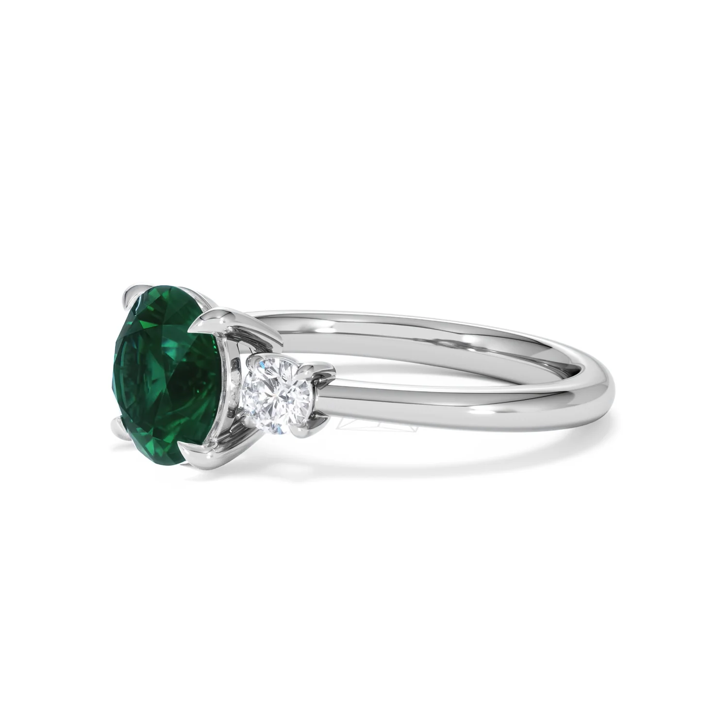 Solene 2.00ct Round Cut Lab Emerald and Lab Diamond 3 Stone Engagement Ring in 18K White Gold - Image 77