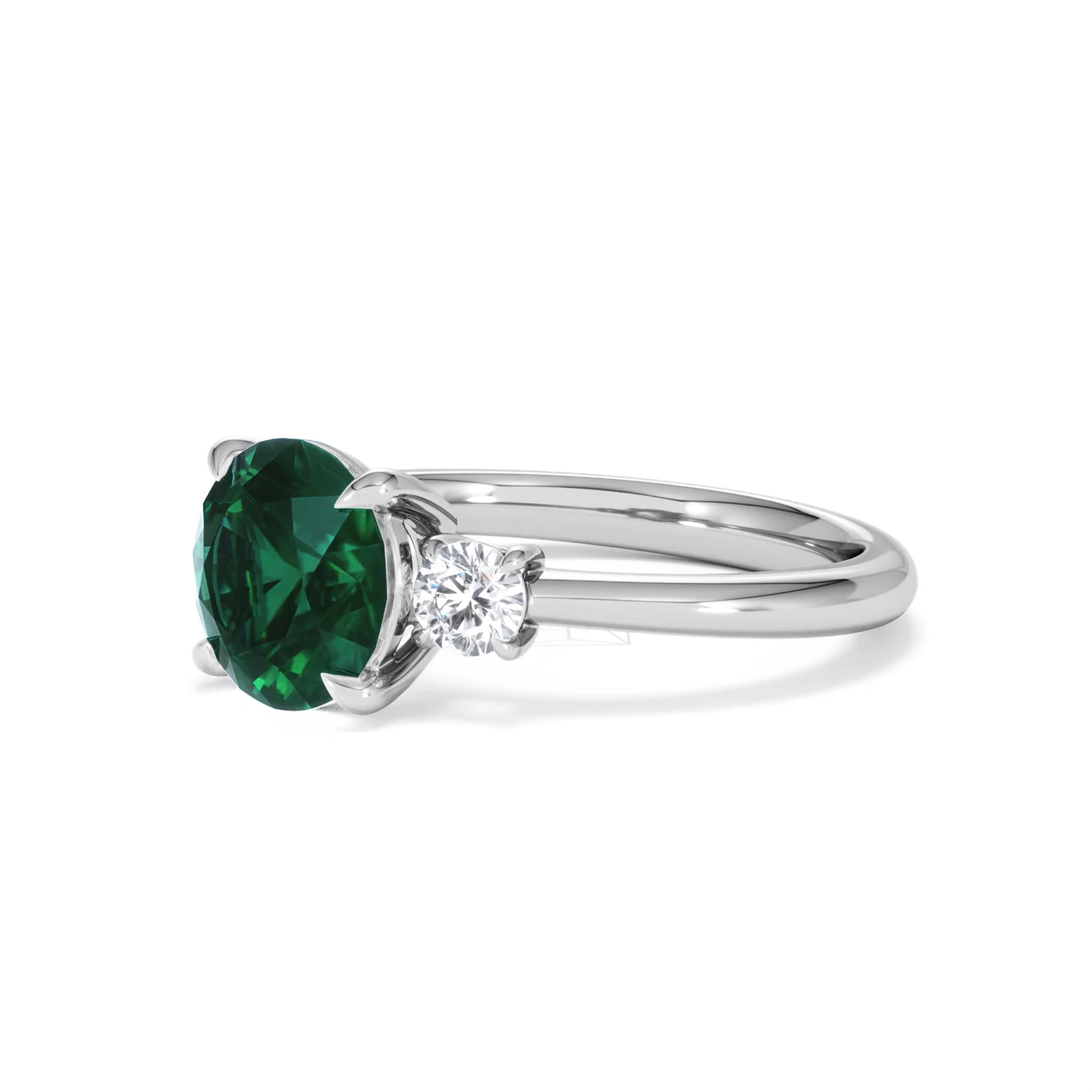 Solene 2.00ct Round Cut Lab Emerald and Lab Diamond 3 Stone Engagement Ring in 18K White Gold - Image 79