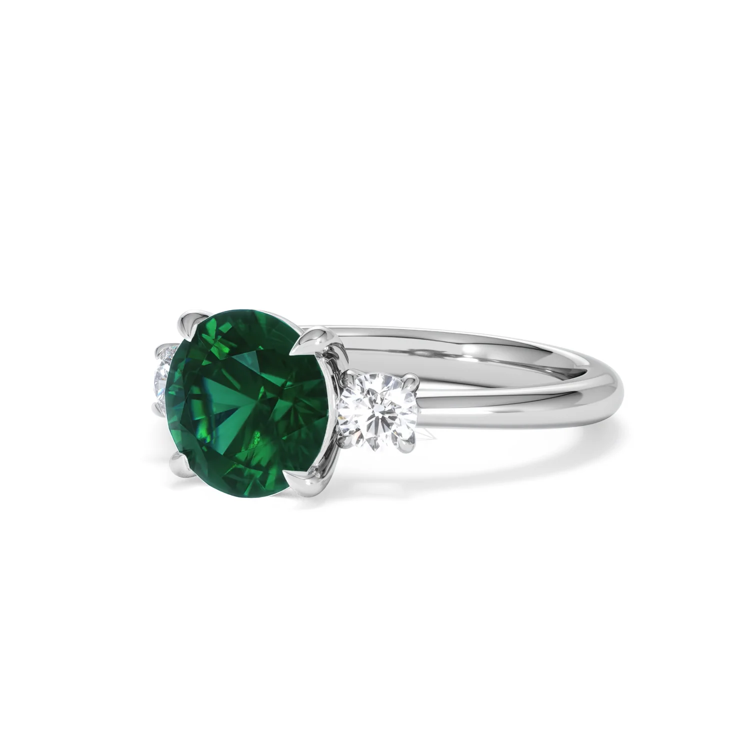 Solene 2.00ct Round Cut Lab Emerald and Lab Diamond 3 Stone Engagement Ring in 18K White Gold - Image 82