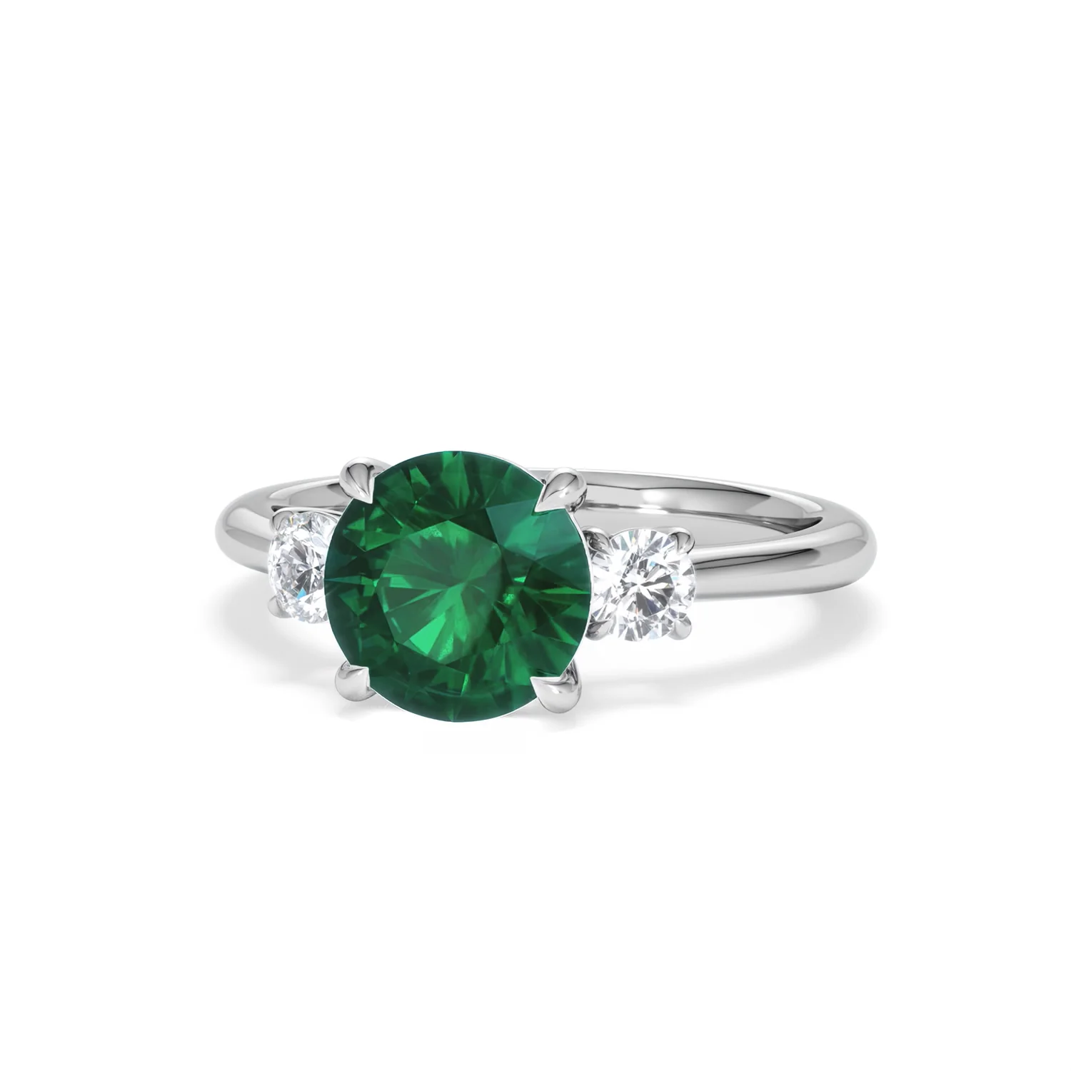 Solene 2.00ct Round Cut Lab Emerald and Lab Diamond 3 Stone Engagement Ring in 18K White Gold - Image 86