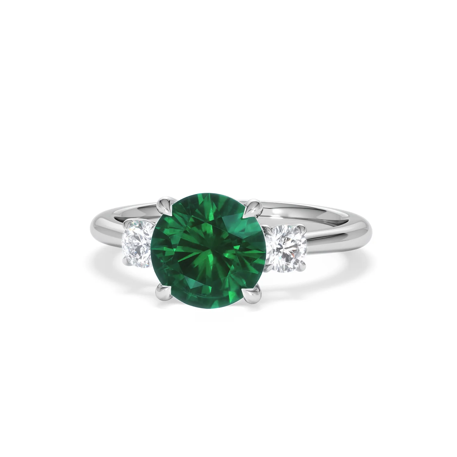 Solene 2.00ct Round Cut Lab Emerald and Lab Diamond 3 Stone Engagement Ring in 18K White Gold - Image 87