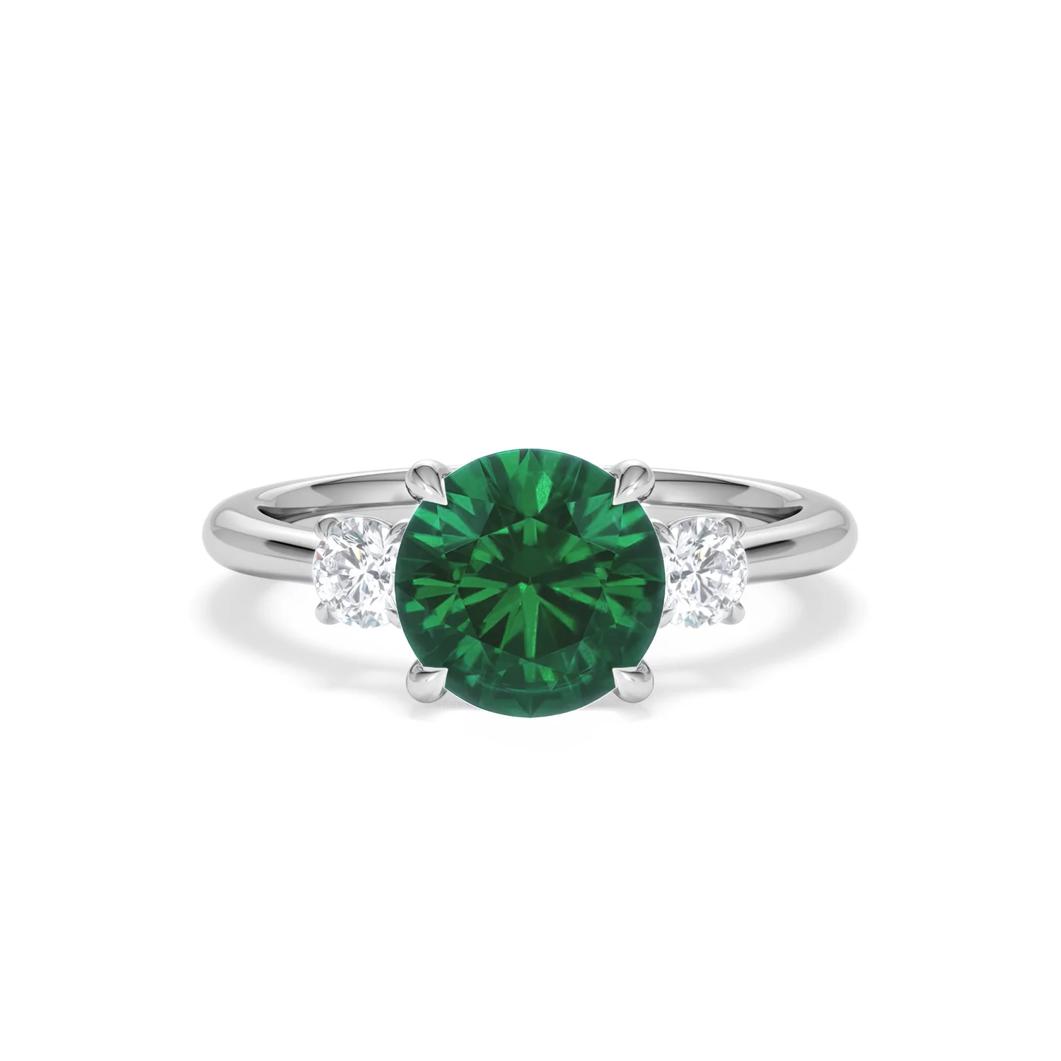 Solene 2.00ct Round Cut Lab Emerald and Lab Diamond 3 Stone Engagement Ring in 18K White Gold - Image 9