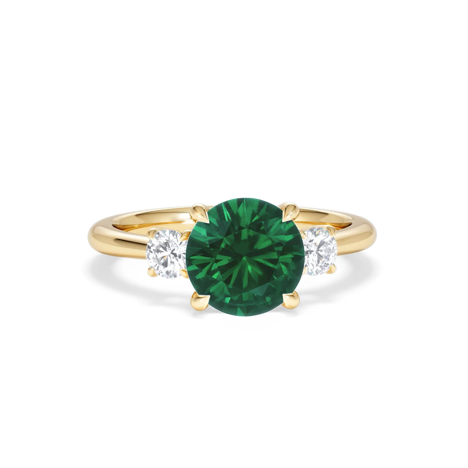 Solene 2.00ct Round Cut Lab Emerald and Lab Diamond 3 Stone Engagement Ring in 18K Yellow Gold - Image 10