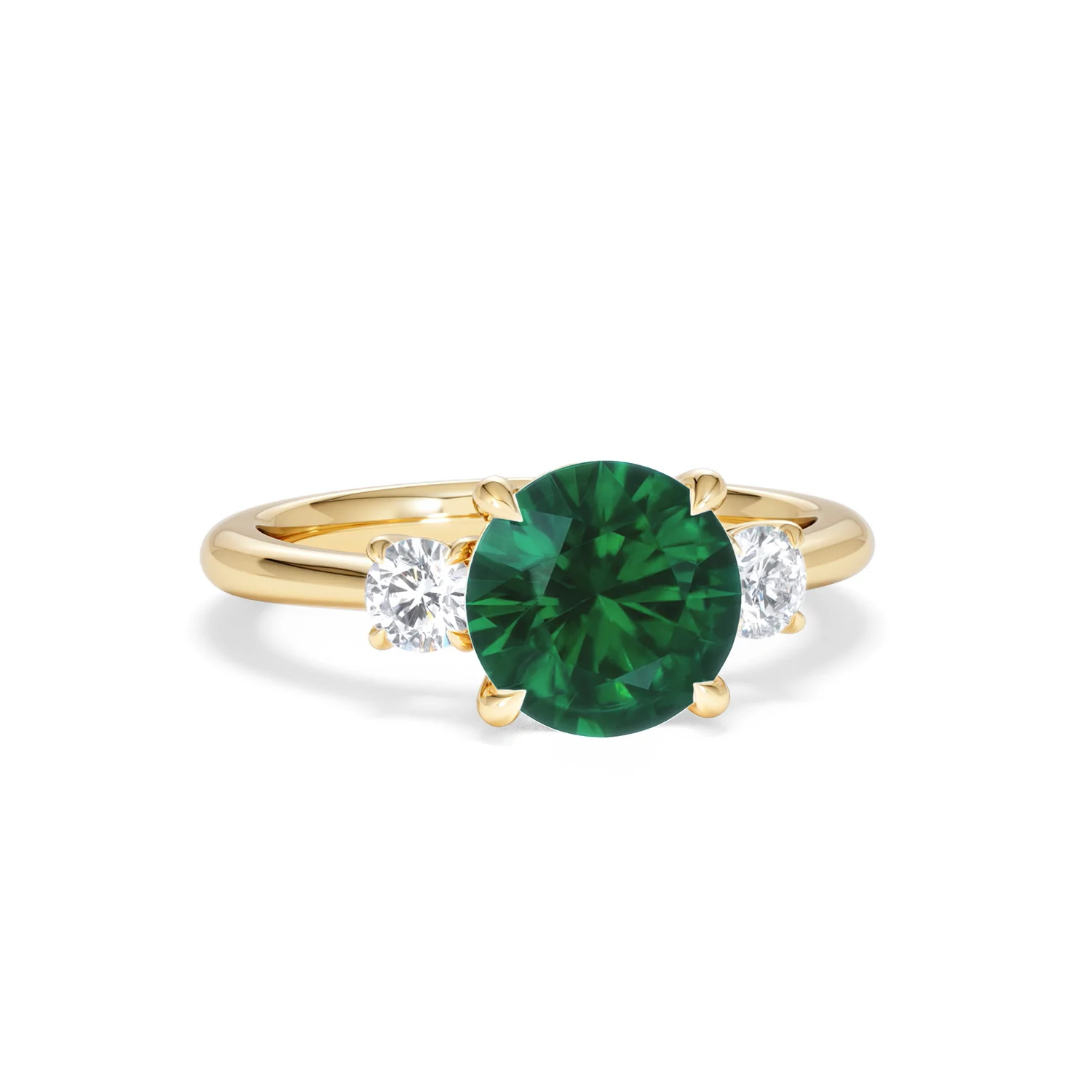 Solene 2.00ct Round Cut Lab Emerald and Lab Diamond 3 Stone Engagement Ring in 18K Yellow Gold - Image 11