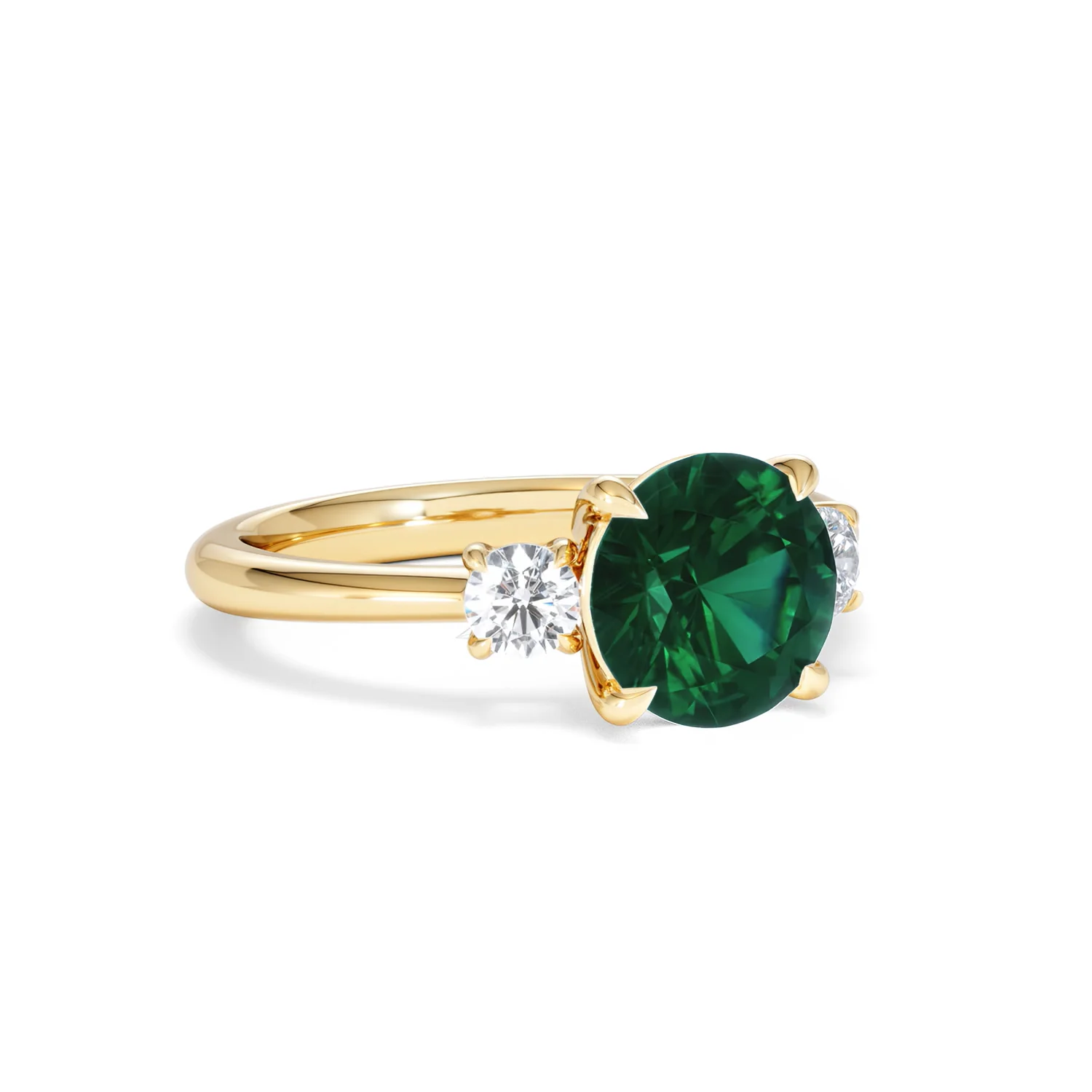 Solene 2.00ct Round Cut Lab Emerald and Lab Diamond 3 Stone Engagement Ring in 18K Yellow Gold - Image 15