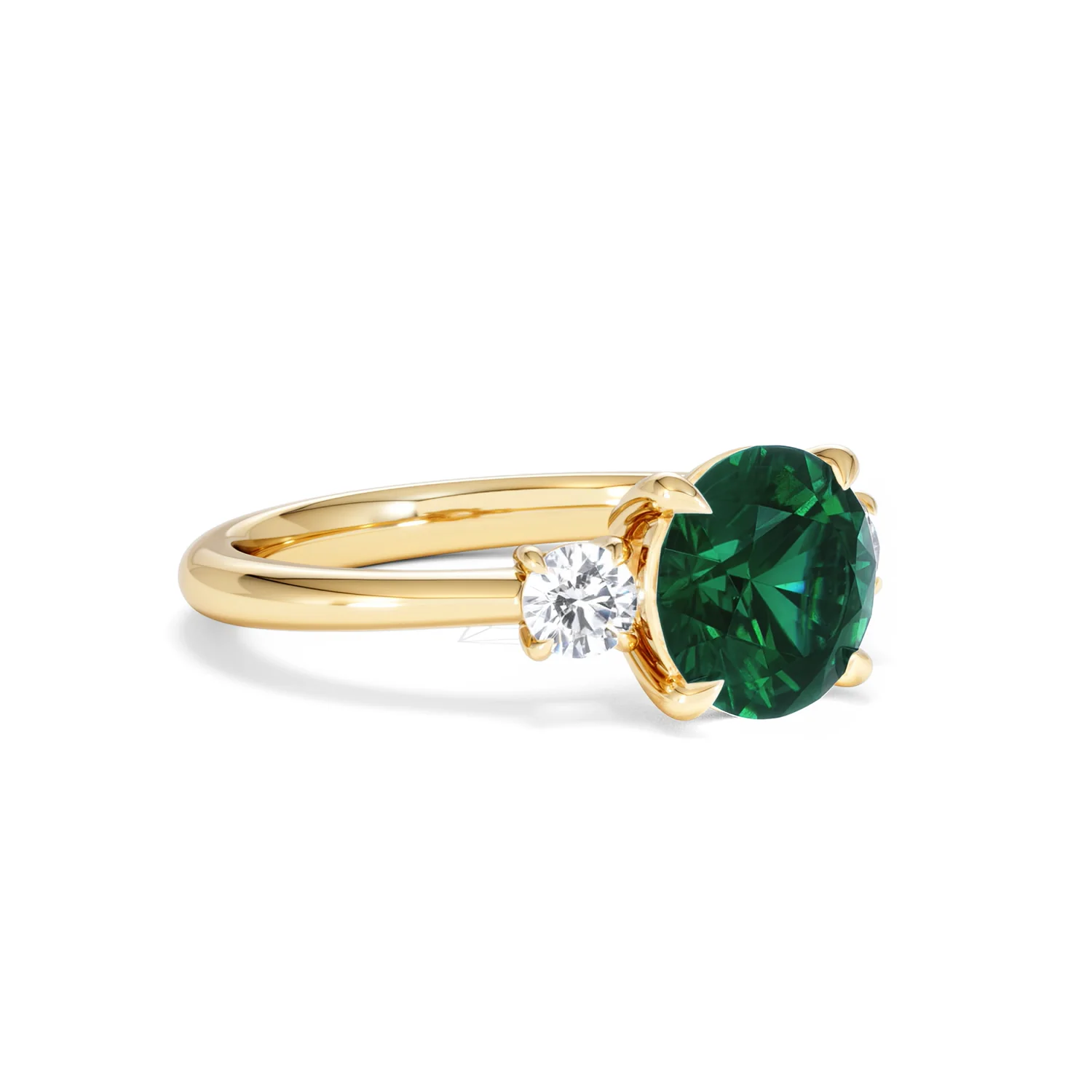 Solene 2.00ct Round Cut Lab Emerald and Lab Diamond 3 Stone Engagement Ring in 18K Yellow Gold - Image 17