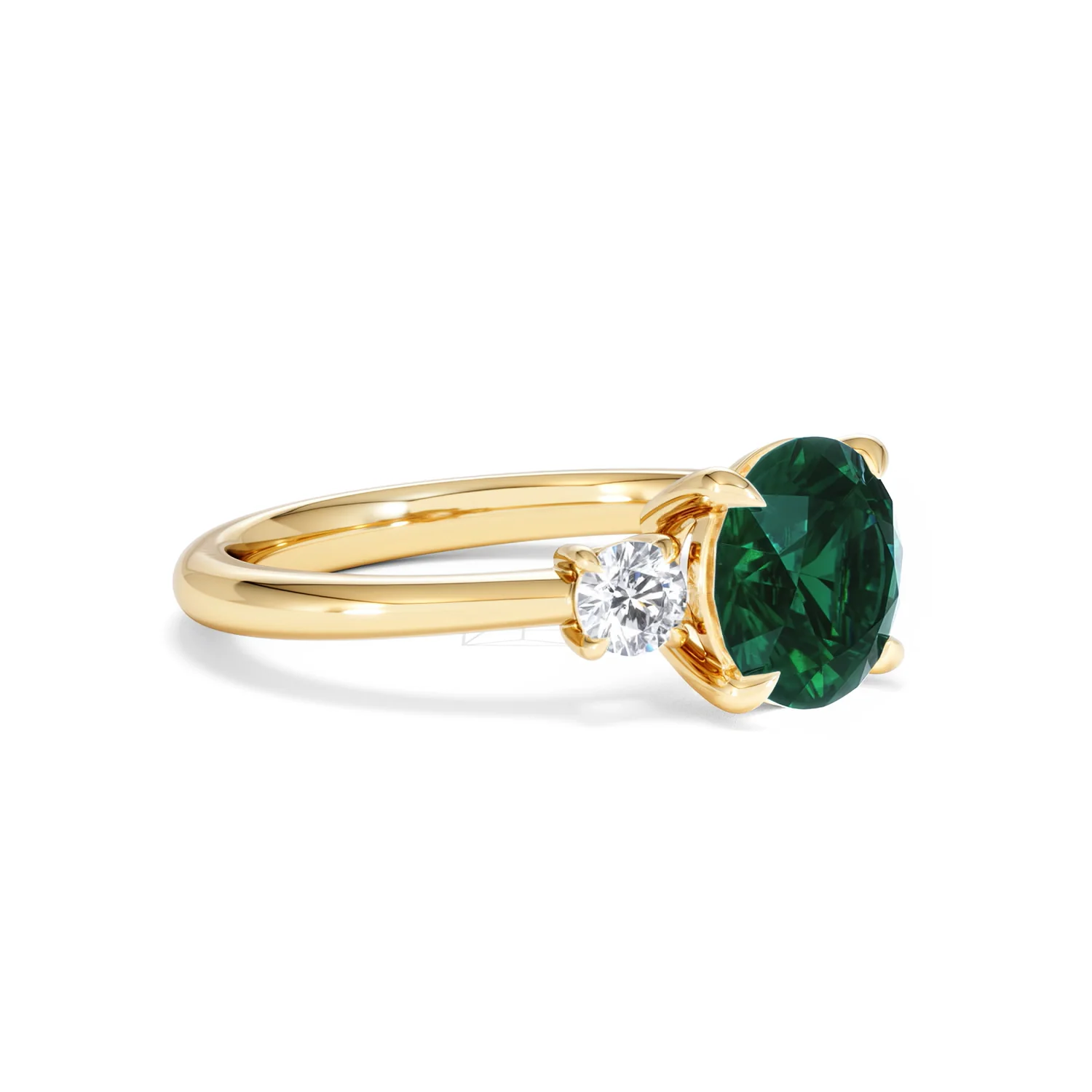 Solene 2.00ct Round Cut Lab Emerald and Lab Diamond 3 Stone Engagement Ring in 18K Yellow Gold - Image 19
