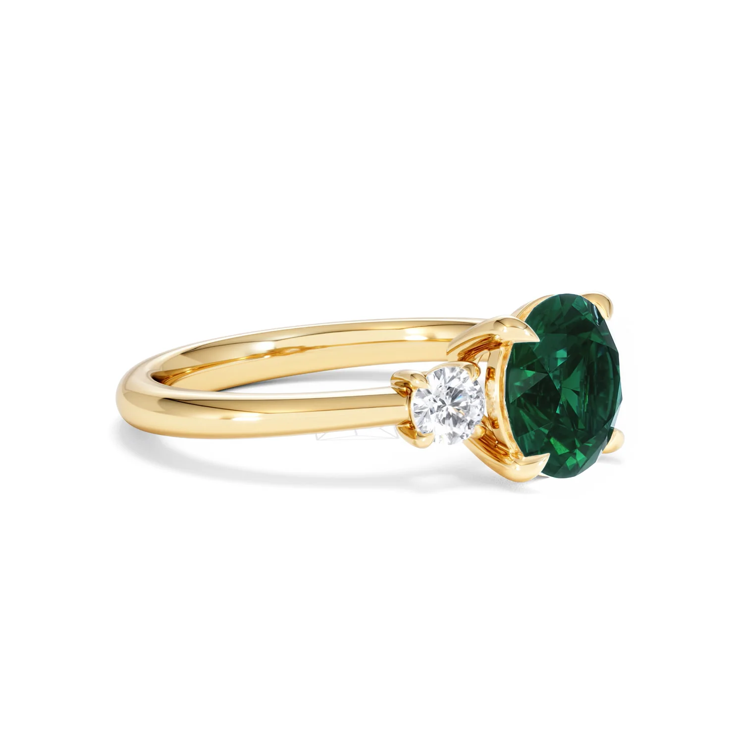 Solene 2.00ct Round Cut Lab Emerald and Lab Diamond 3 Stone Engagement Ring in 18K Yellow Gold - Image 20