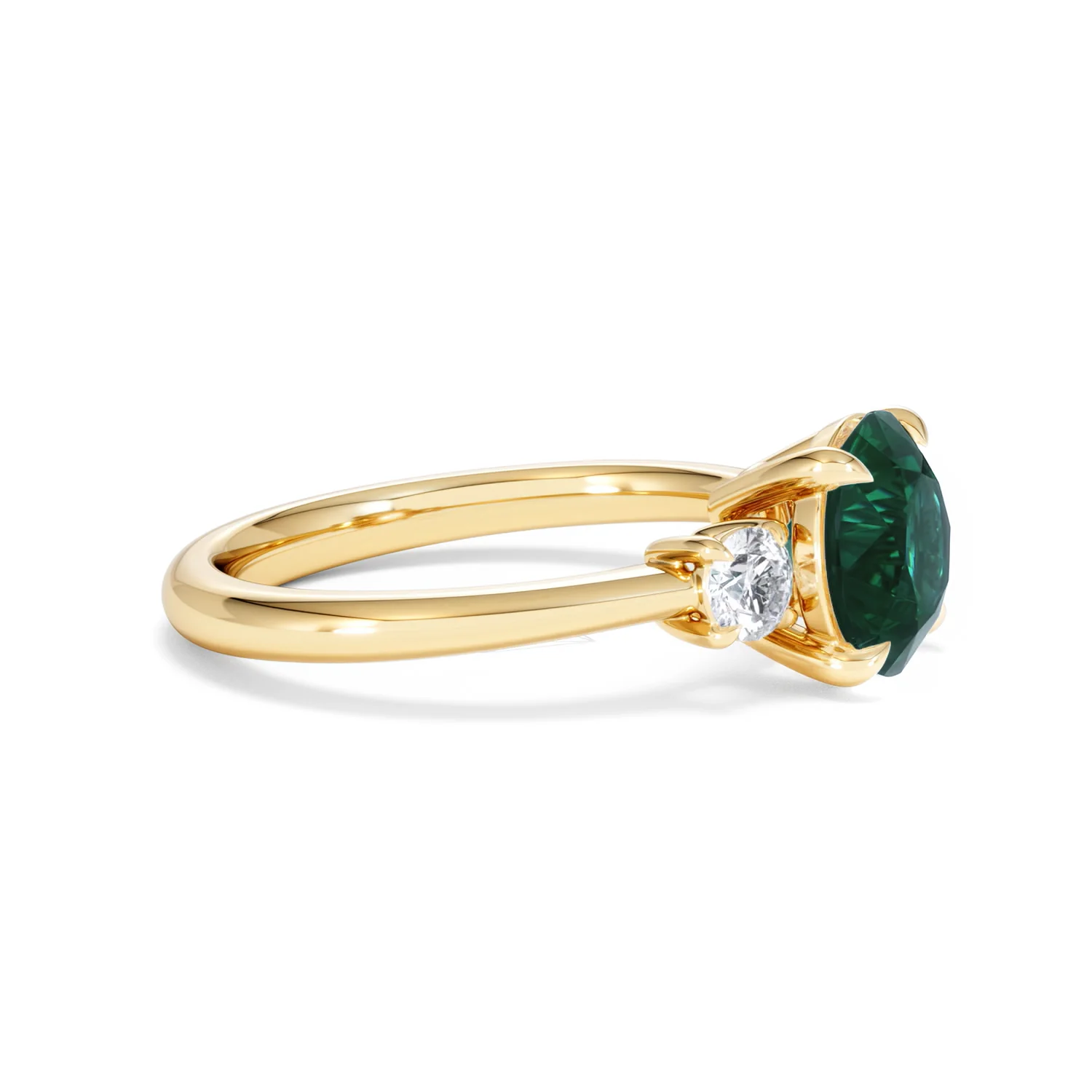 Solene 2.00ct Round Cut Lab Emerald and Lab Diamond 3 Stone Engagement Ring in 18K Yellow Gold - Image 24