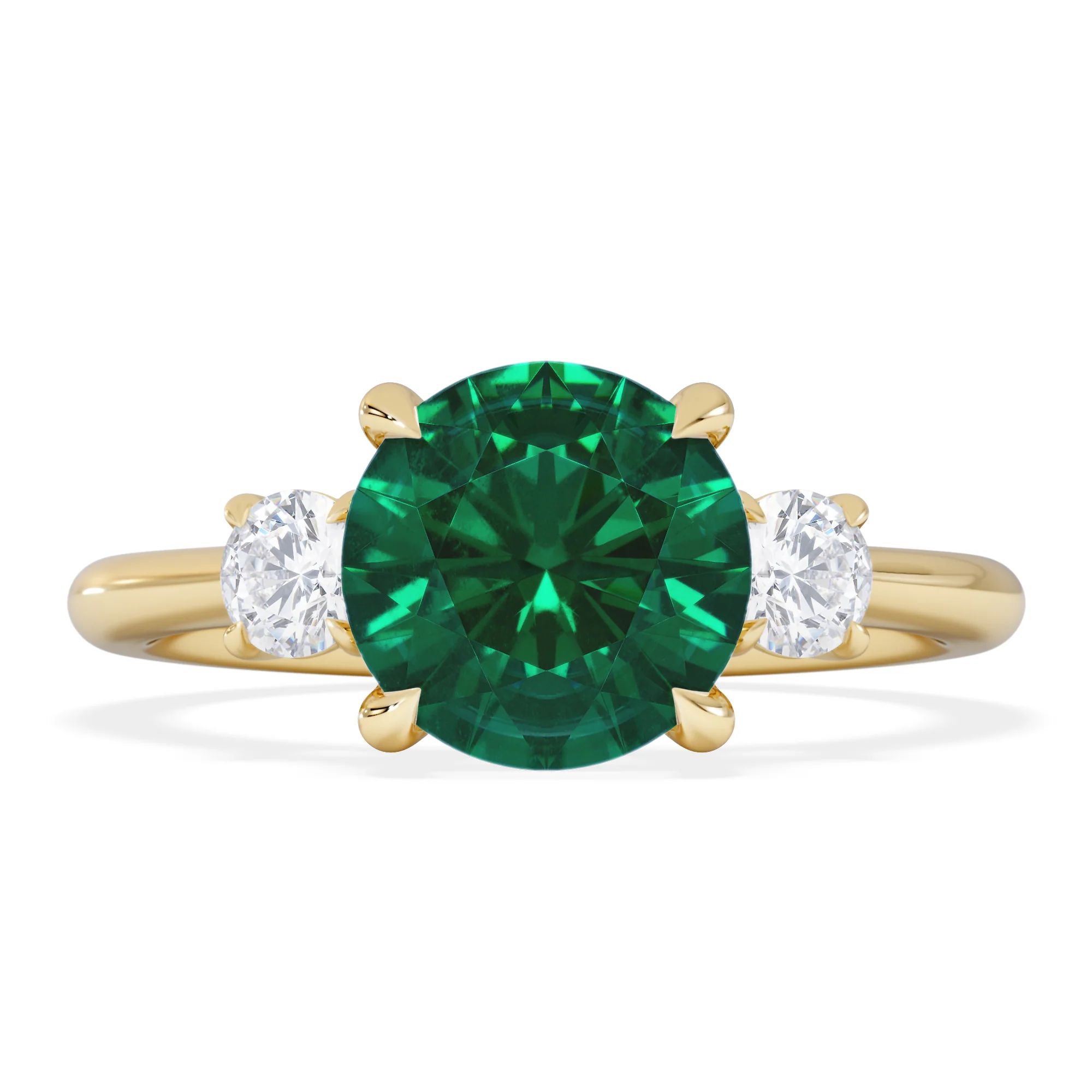 Solene 2.00ct Round Cut Lab Emerald and Lab Diamond 3 Stone Engagement Ring in 18K Yellow Gold - Image 3