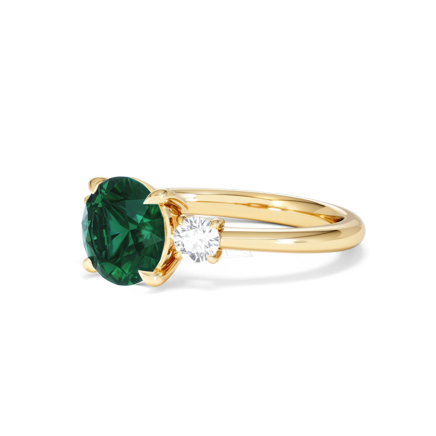 Solene 2.00ct Round Cut Lab Emerald and Lab Diamond 3 Stone Engagement Ring in 18K Yellow Gold - Image 80