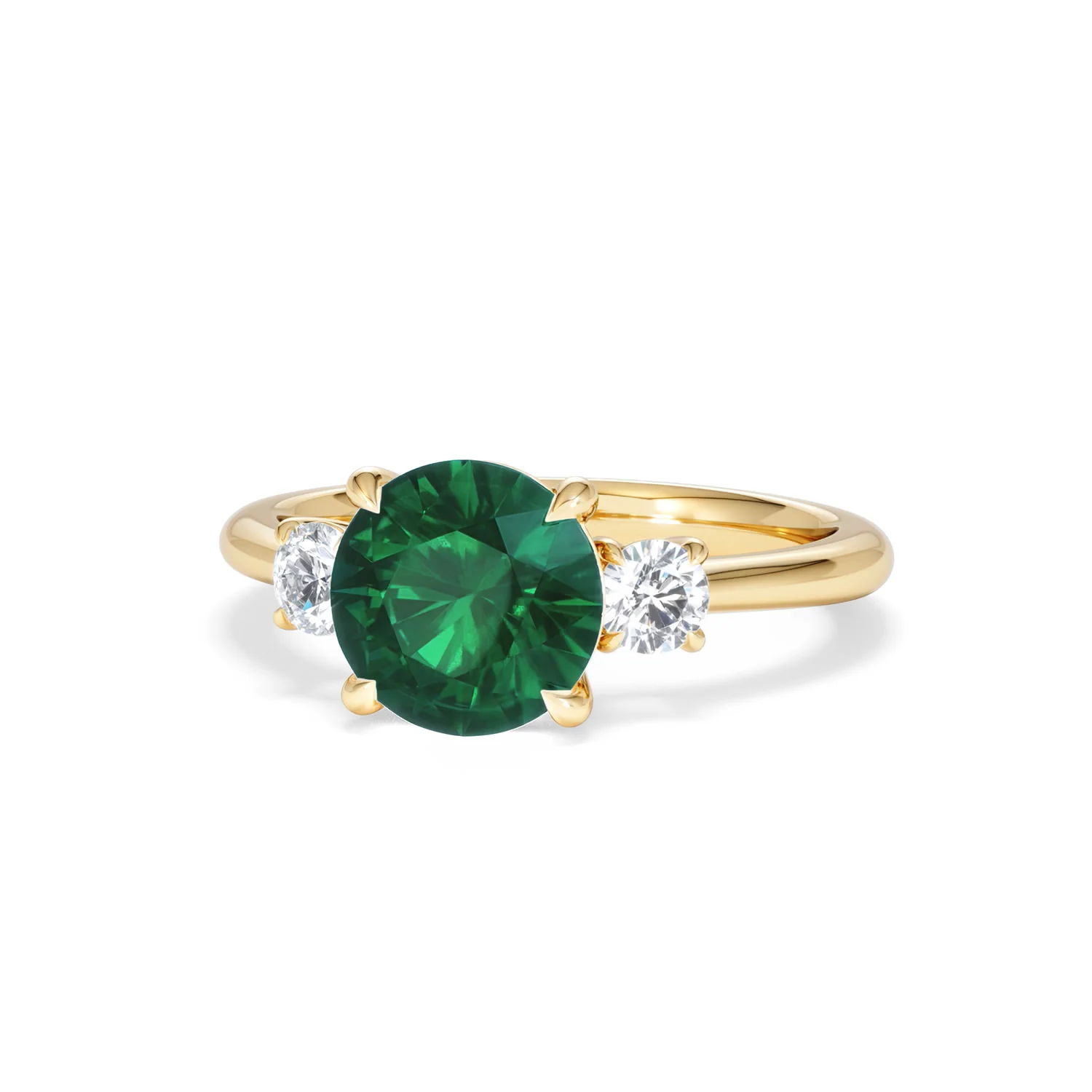Solene 2.00ct Round Cut Lab Emerald and Lab Diamond 3 Stone Engagement Ring in 18K Yellow Gold - Image 86
