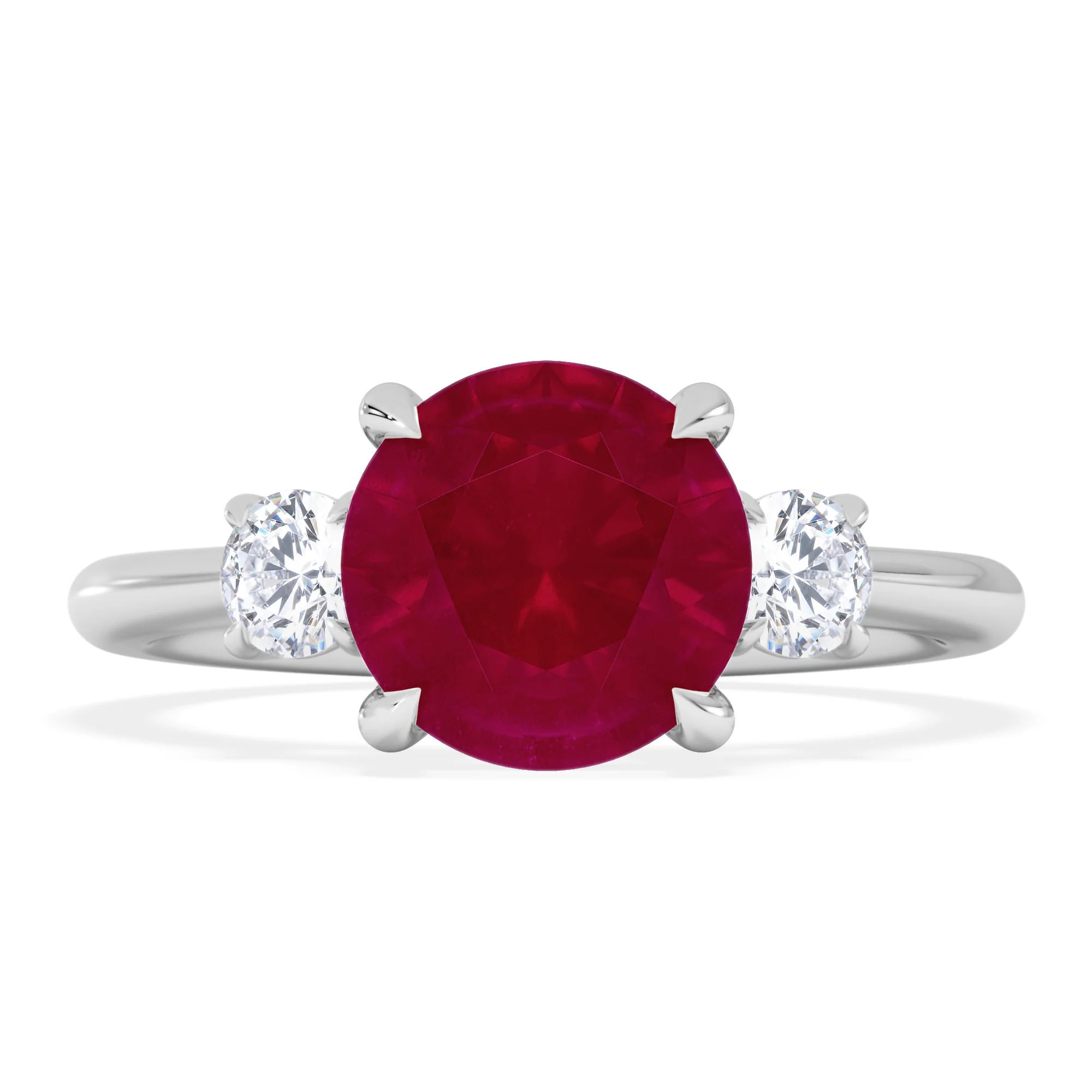 Solene 2.00ct Round Cut Lab Ruby and Lab Diamond 3 Stone Engagement Ring in 18K White Gold - Image 3