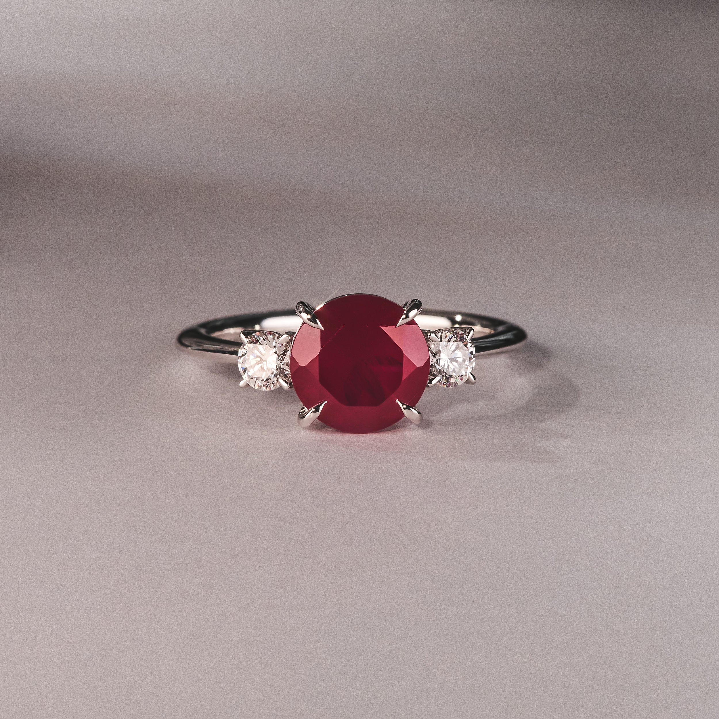 Solene 2.00ct Round Cut Lab Ruby and Lab Diamond 3 Stone Engagement Ring in 18K White Gold - Image 6