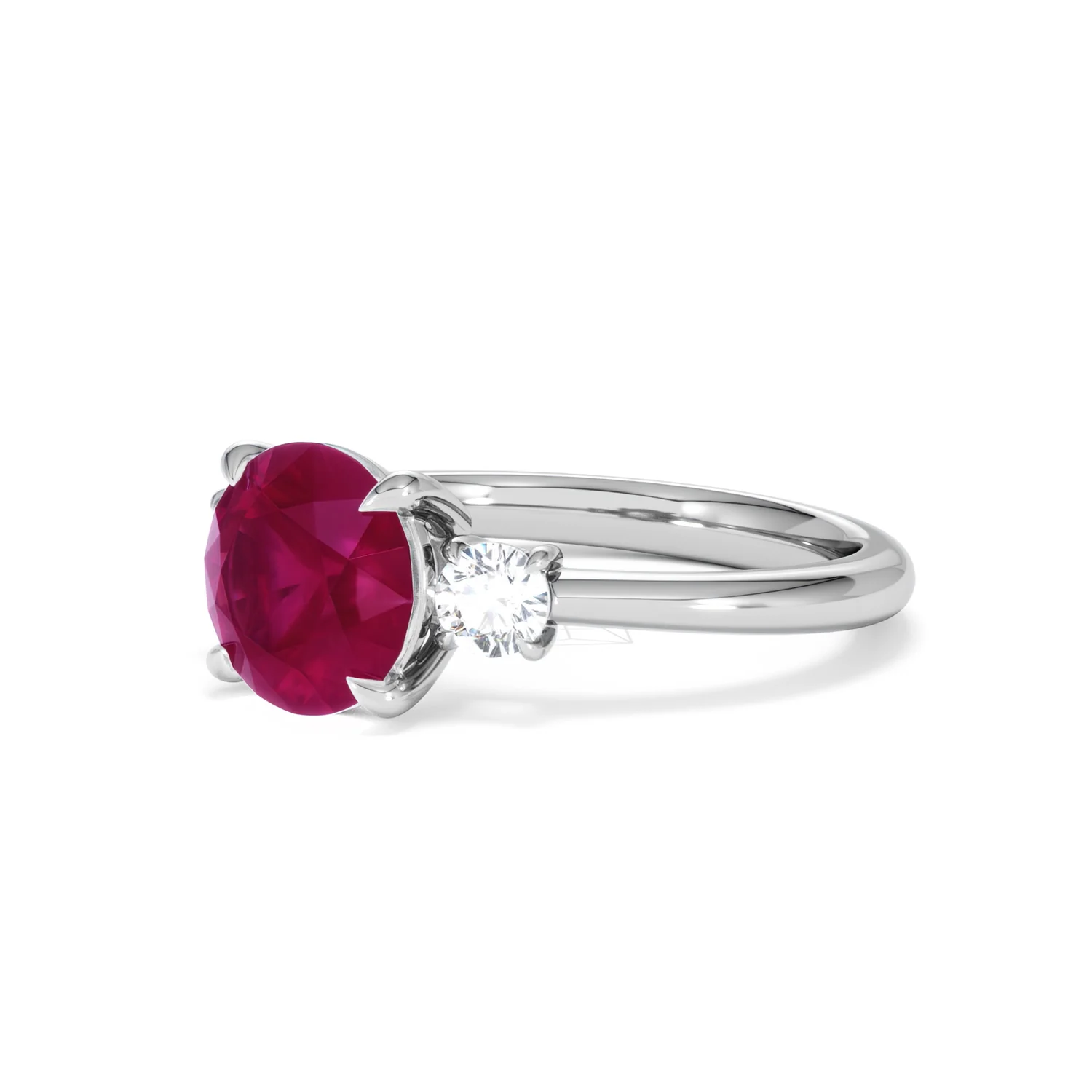 Solene 2.00ct Round Cut Lab Ruby and Lab Diamond 3 Stone Engagement Ring in 18K White Gold - Image 80