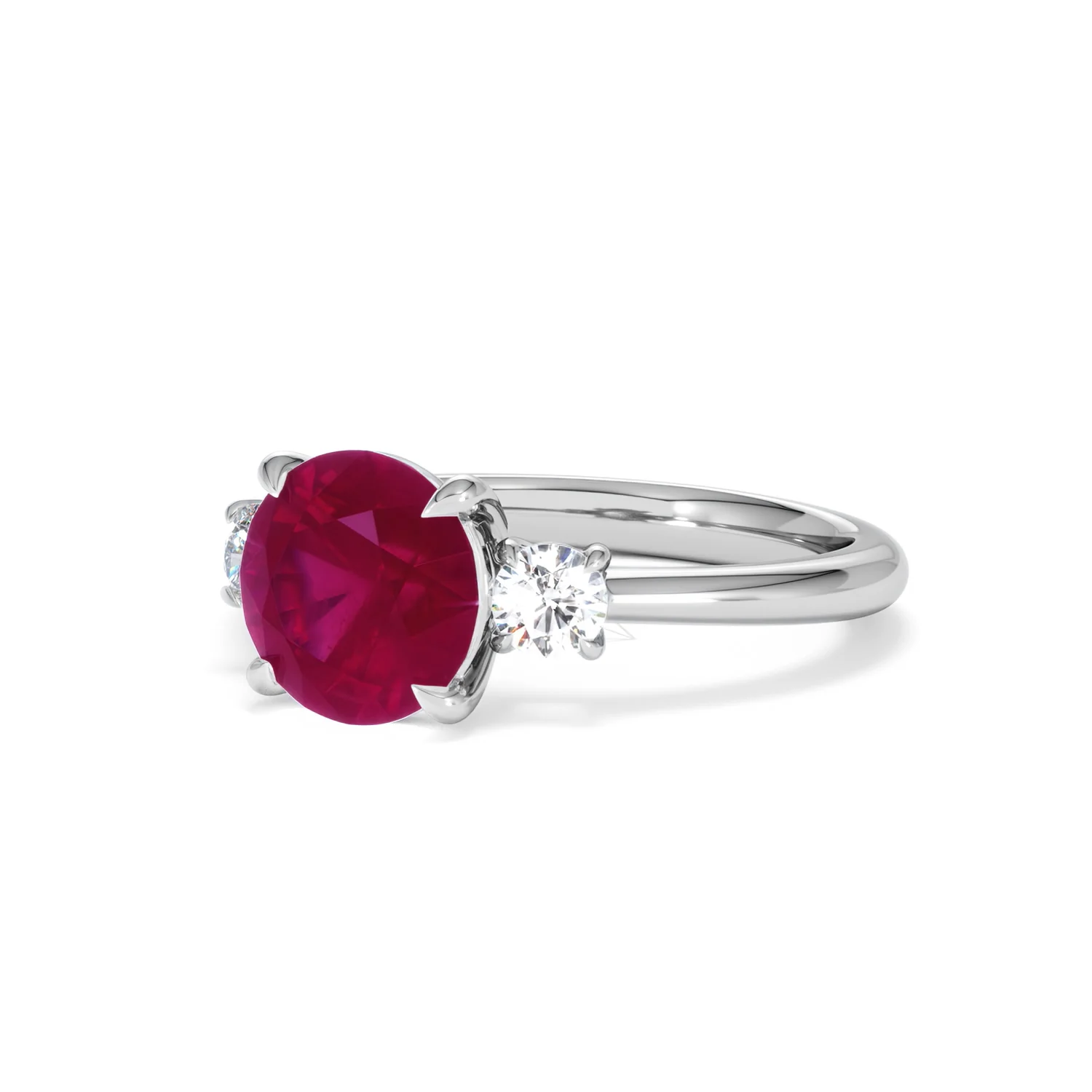 Solene 2.00ct Round Cut Lab Ruby and Lab Diamond 3 Stone Engagement Ring in 18K White Gold - Image 82