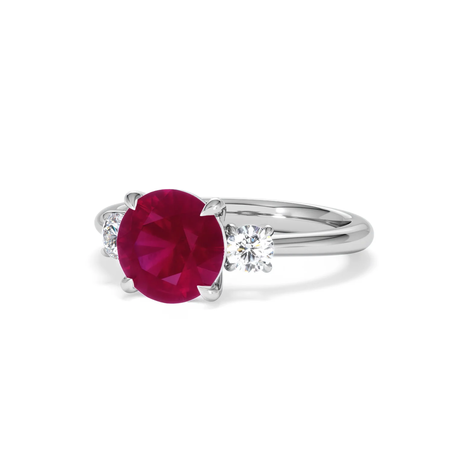 Solene 2.00ct Round Cut Lab Ruby and Lab Diamond 3 Stone Engagement Ring in 18K White Gold - Image 84