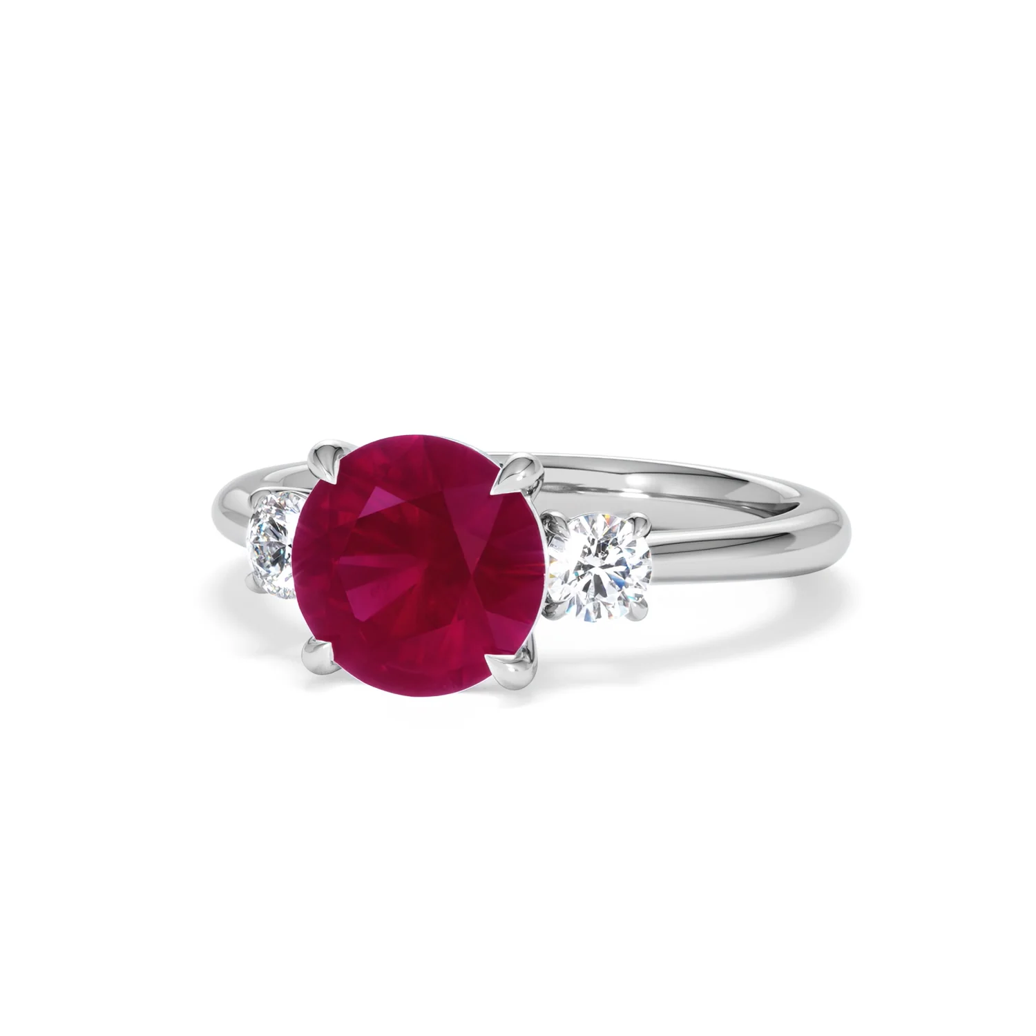 Solene 2.00ct Round Cut Lab Ruby and Lab Diamond 3 Stone Engagement Ring in 18K White Gold - Image 85