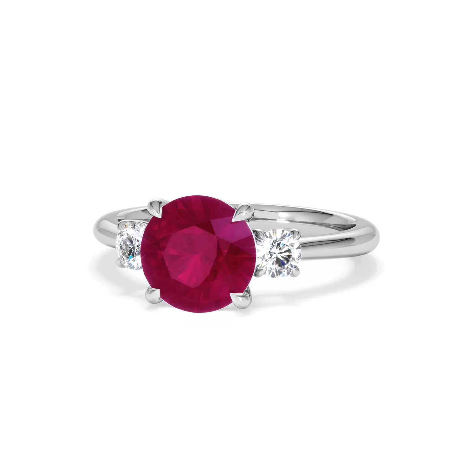 Solene 2.00ct Round Cut Lab Ruby and Lab Diamond 3 Stone Engagement Ring in 18K White Gold - Image 86