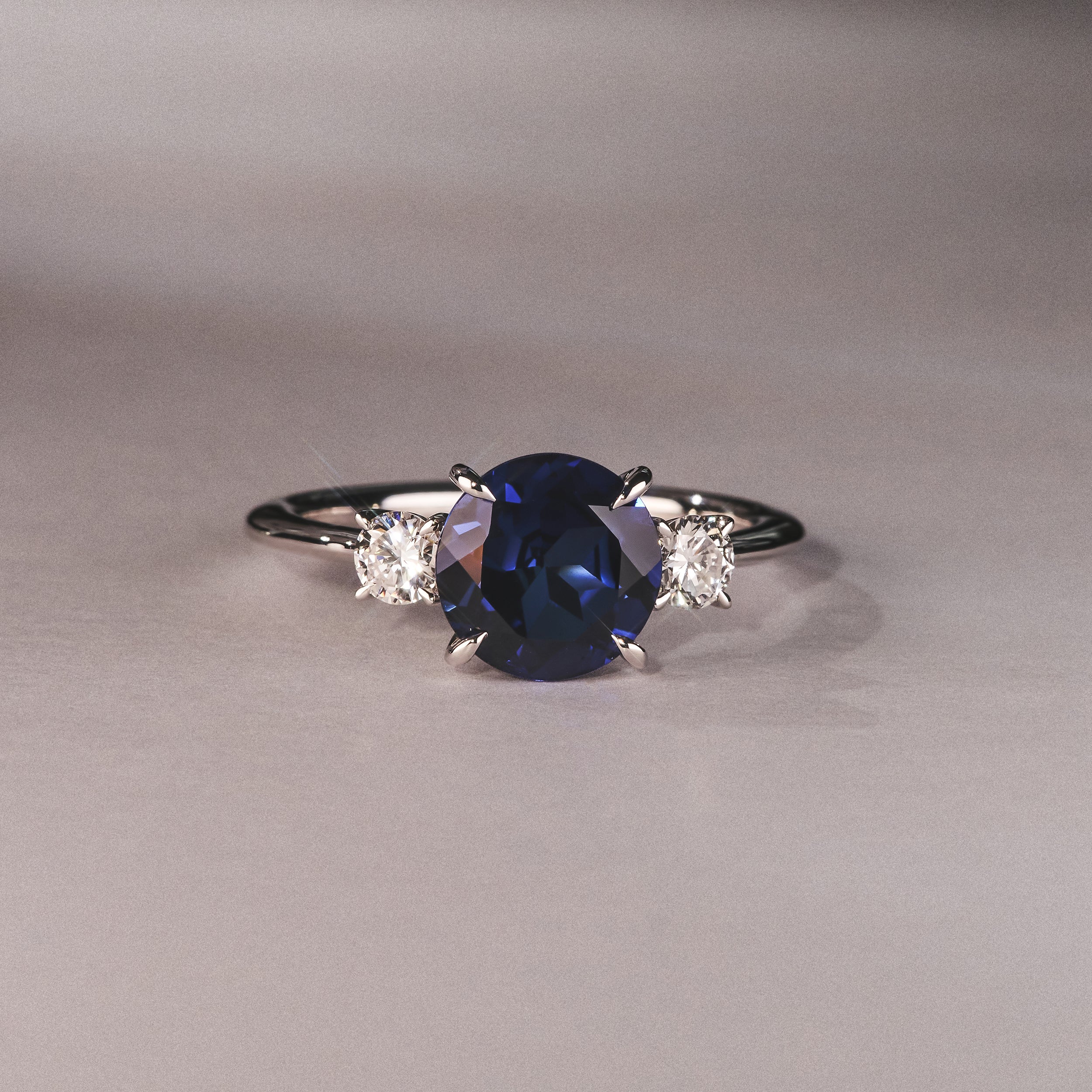Solene 2.00ct Round Cut Lab Sapphire and Lab Diamond 3 Stone Engagement Ring in 18K White Gold - Image 6
