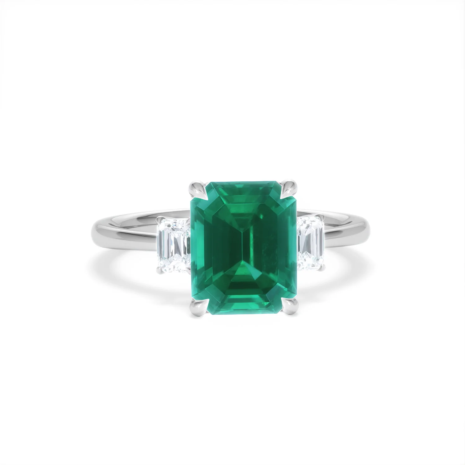 Solene 2.50ct Emerald Cut Lab Emerald and Lab Diamond 3 Stone Engagement Ring in 18K White Gold - Image 10