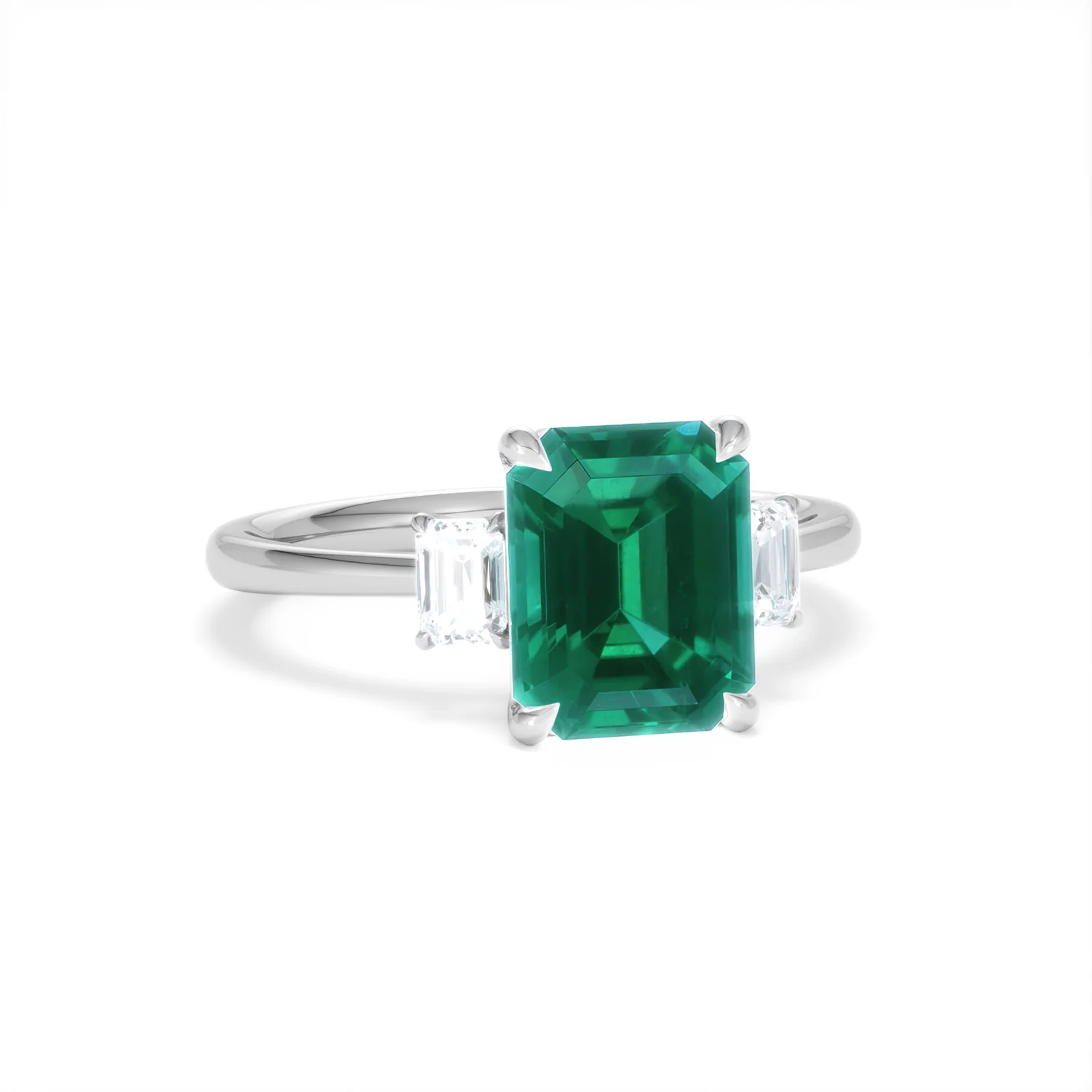 Solene 2.50ct Emerald Cut Lab Emerald and Lab Diamond 3 Stone Engagement Ring in 18K White Gold - Image 12