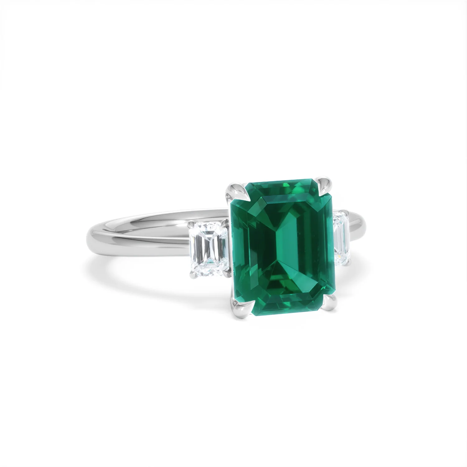 Solene 2.50ct Emerald Cut Lab Emerald and Lab Diamond 3 Stone Engagement Ring in 18K White Gold - Image 13